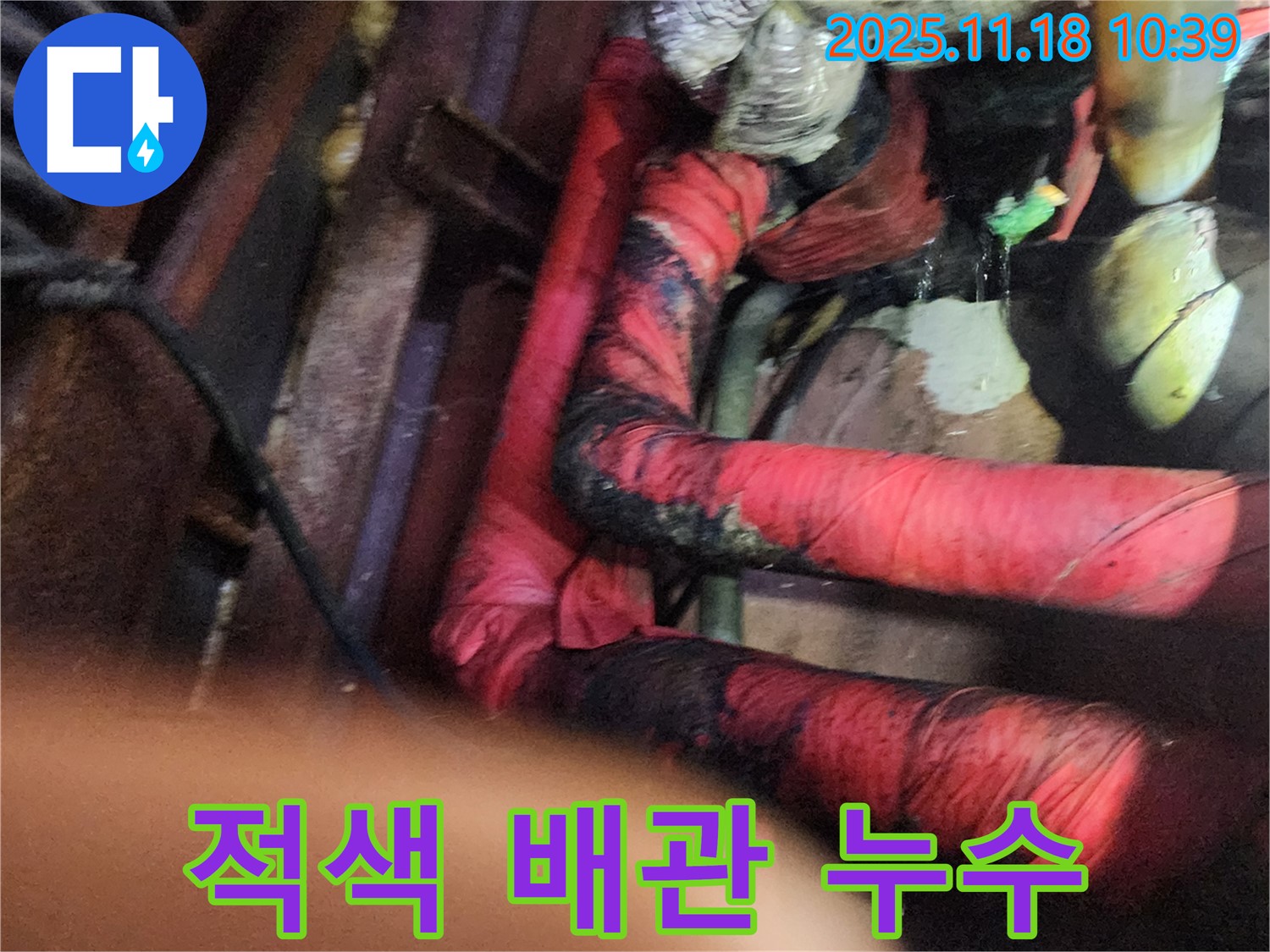 적색 배관에서 누수가 발생한 모습 - 누수탐지 전문가가 정확한 위치를 찾아 해결합니다.