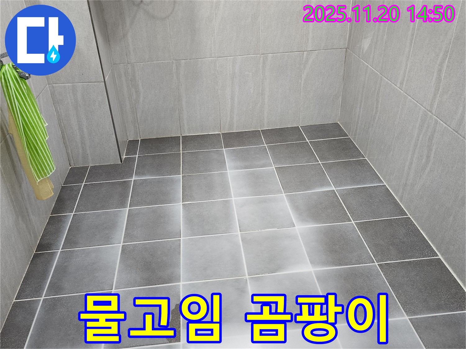 곰팡이가 핀 욕실 타일과 물이 고여있는 모습 - 불쾌한 환경과 건강 문제를 동시에 보여줍니다.