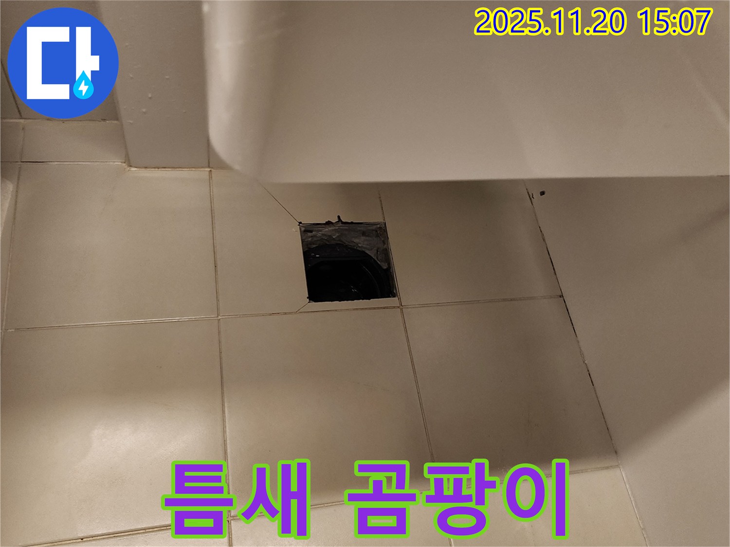 세면대 하부 배수구 주변 타일 틈새 곰팡이로 인한 누수 - 포천 가산면 누수 전문 업체에서 곰팡이 제거 및 방수 시공