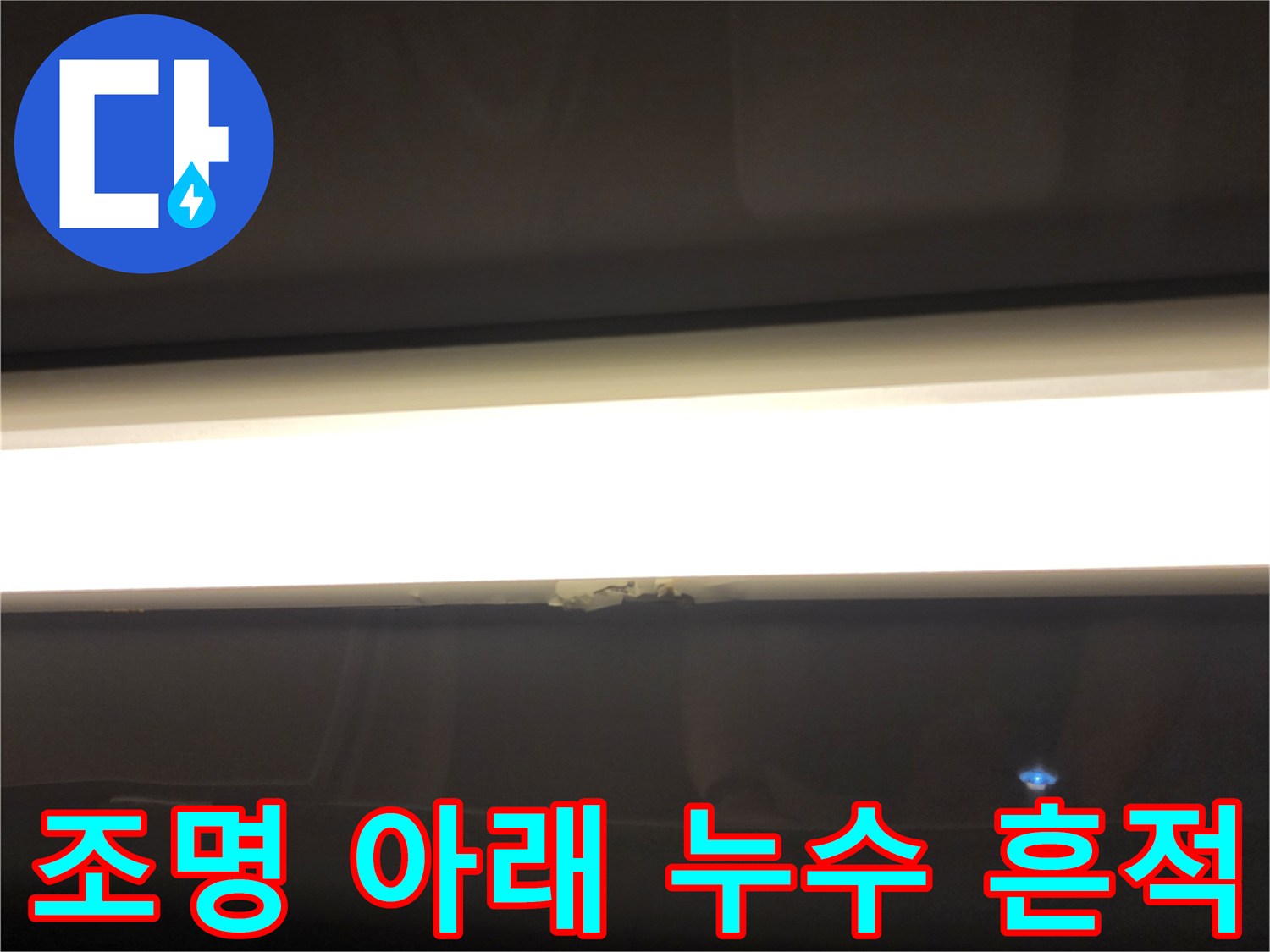 욕실 조명 근처 배관 주변의 습윤한 상태 - 누수 경로 추적 중