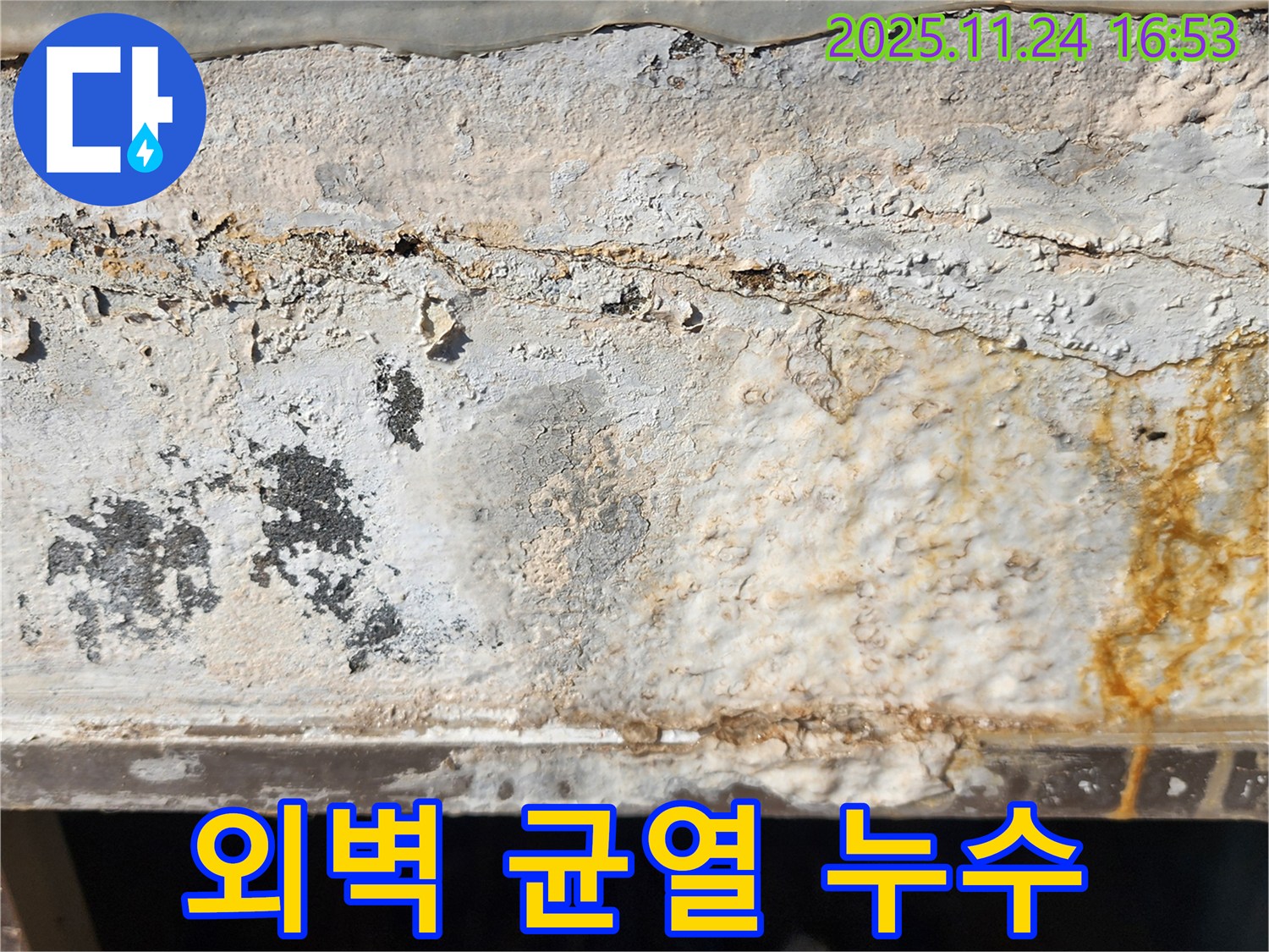 외벽의 균열 - 오래된 건물 외벽에 발생한 균열을 통해 누수가 진행되고 있습니다. - 균열 주변으로 물 얼룩이 심하게 나타납니다.