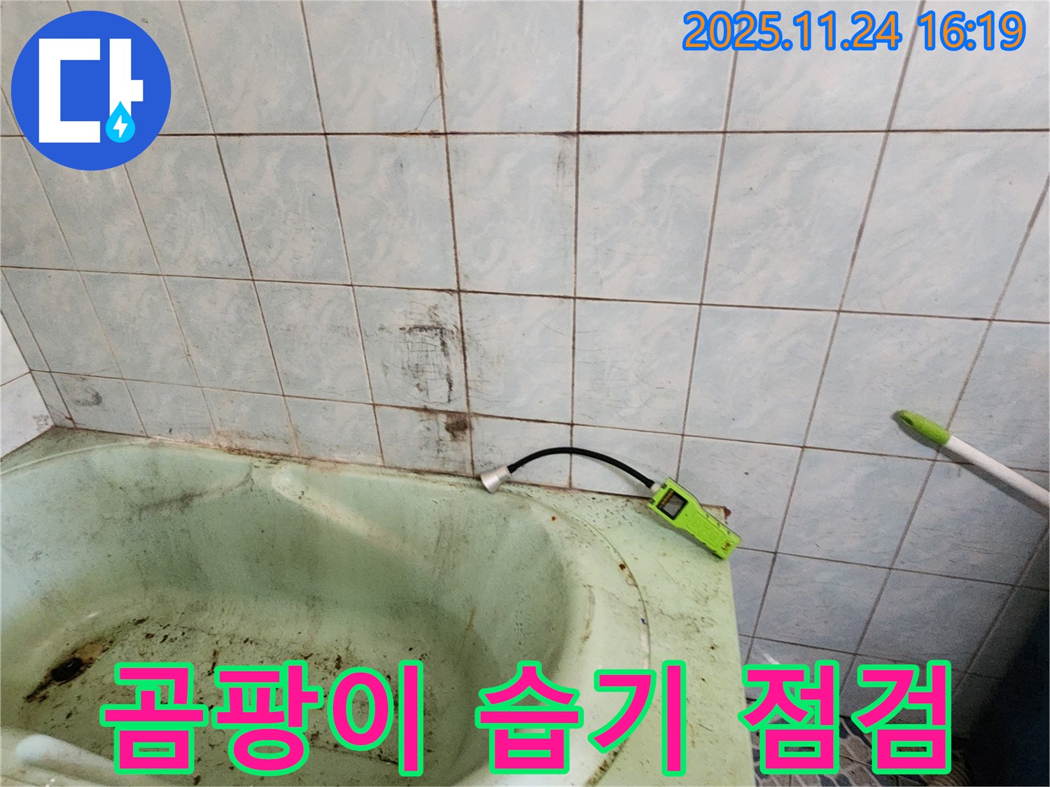 욕실 곰팡이와 습기 문제를 점검하는 모습입니다 - 누수 탐지 장비를 사용하여 꼼꼼하게 확인합니다.