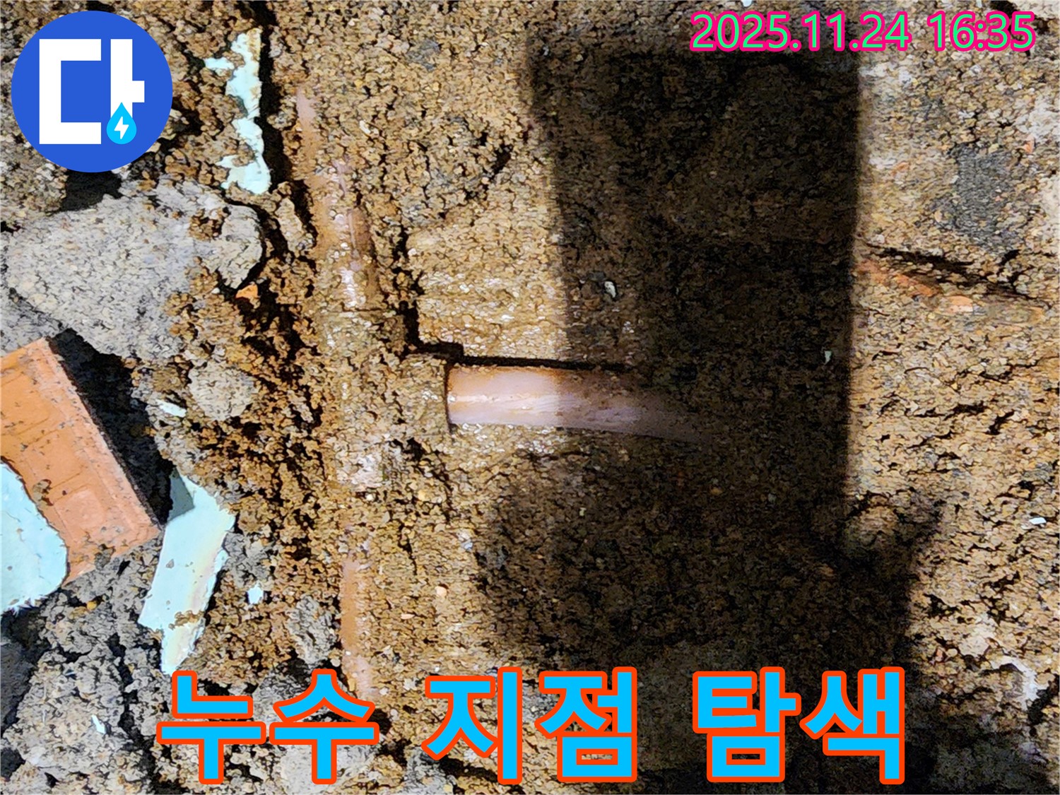 포천시 신북면 가채리 누수 현장 - 누수 지점을 찾기 위해 주변을 꼼꼼하게 탐색하는 모습입니다.