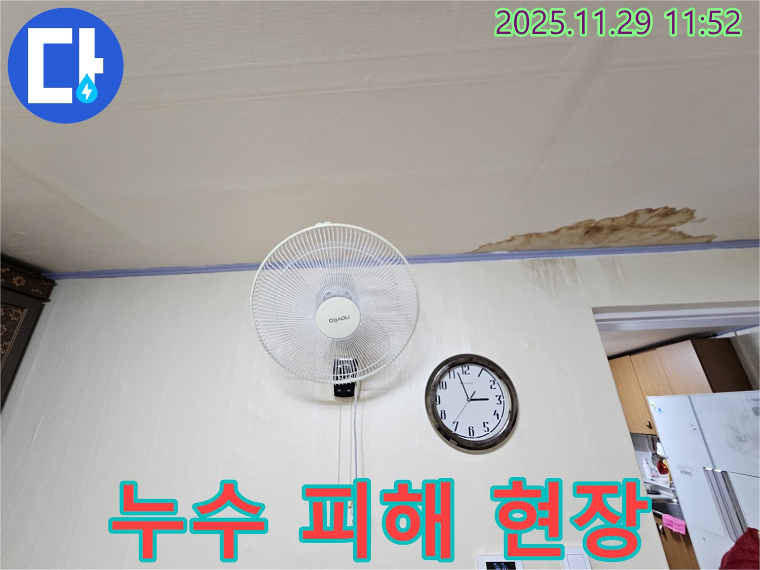 누수 피해 현장 - 천장에서 물이 새어 벽에 곰팡이가 생긴 모습
