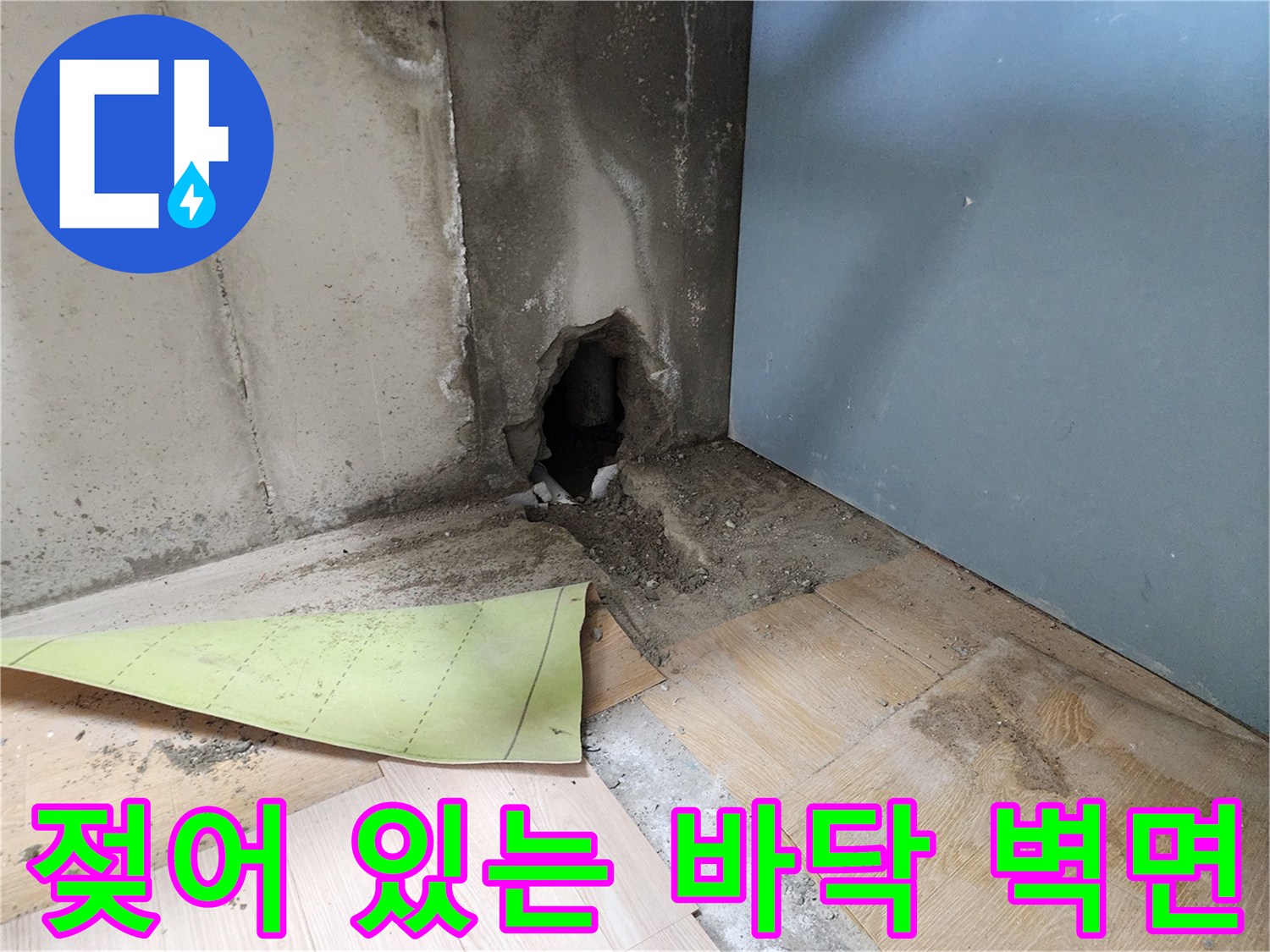 습기로 오염된 콘크리트 벽면-배관 주변의 젖은 토양과 마감재 상태
