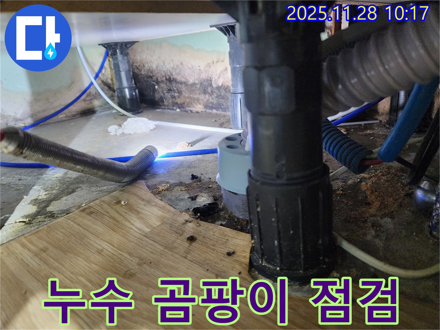 경기도 포천시 신북면 금동리 - 욕조 하부의 누수 흔적과 곰팡이 발생 상태를 확인하고 배관 점검을 실시하고 있습니다.