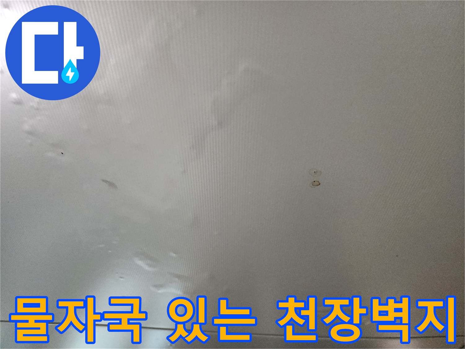 누수로 인해 변색된 천장 벽지의 상태를 근접 촬영한 사진입니다.
