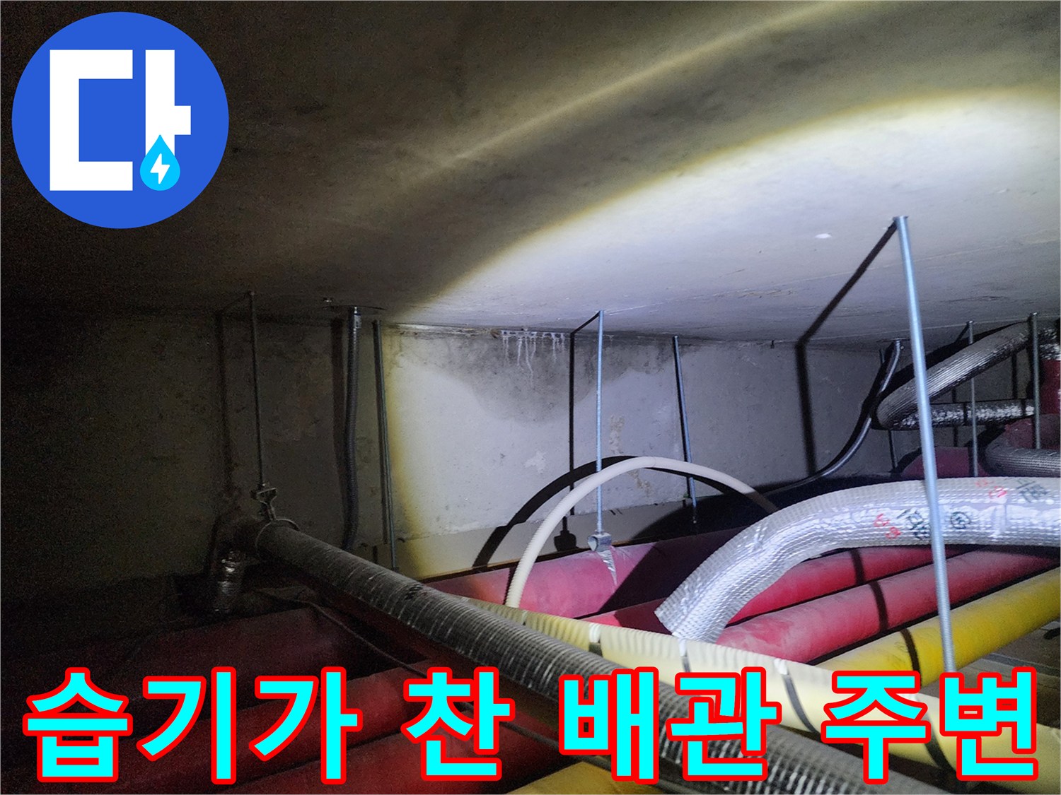 붉은색 배관과 보온재 파이프의 습기 젖음 현상