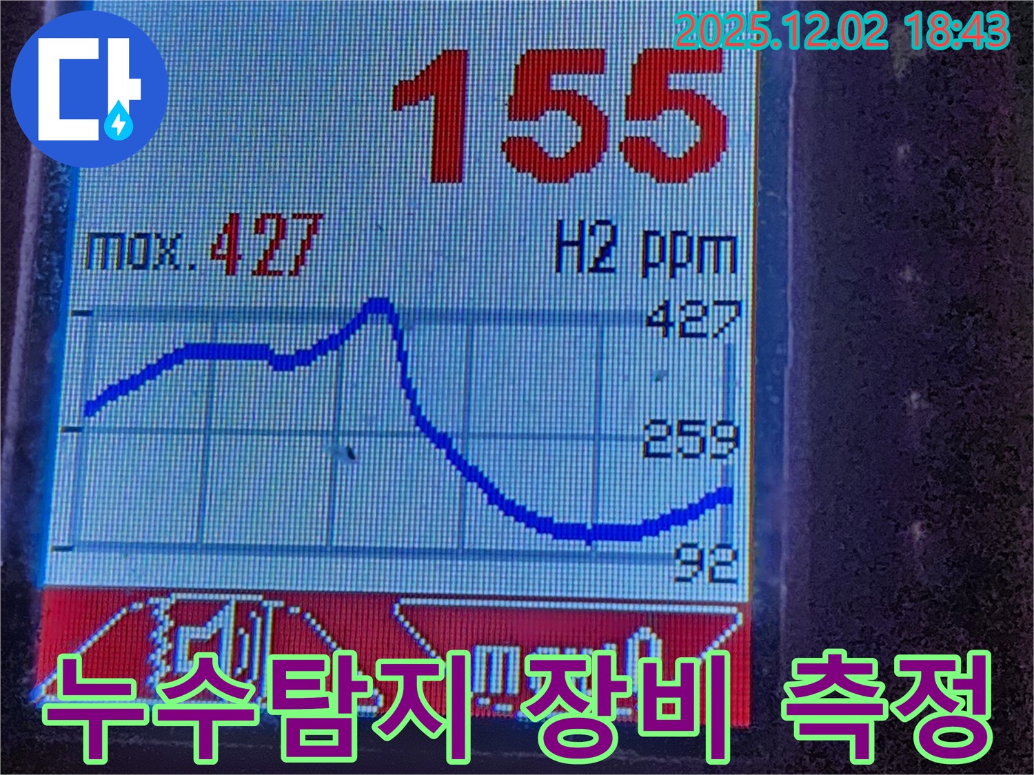 누수탐지 장비 - 수소 가스 농도 측정 화면입니다. 누수 위치를 정확하게 찾아내기 위한 필수 장비입니다.