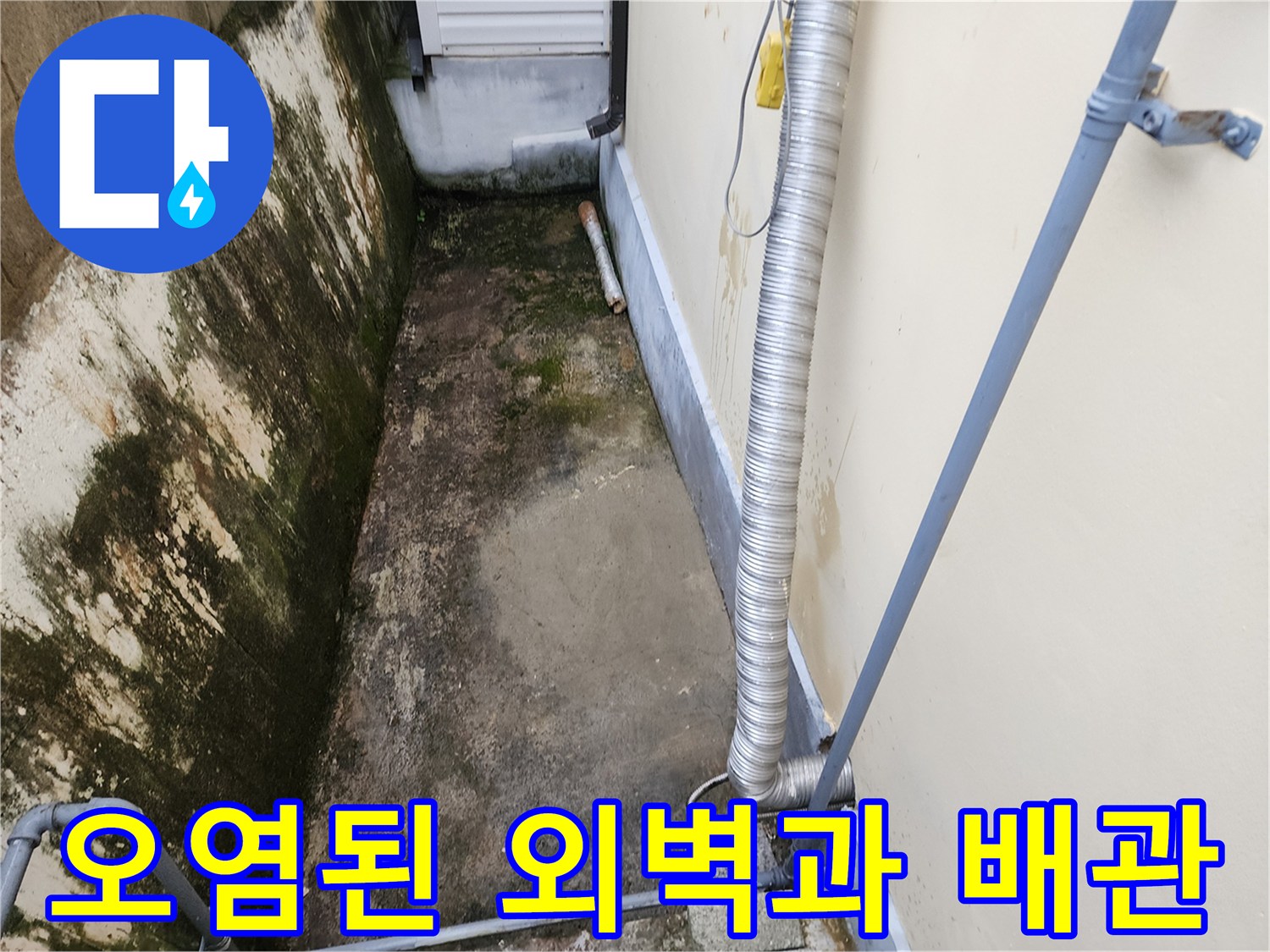 물샘 현상으로 인해 곰팡이가 발생한 건물 외벽 배관 부위