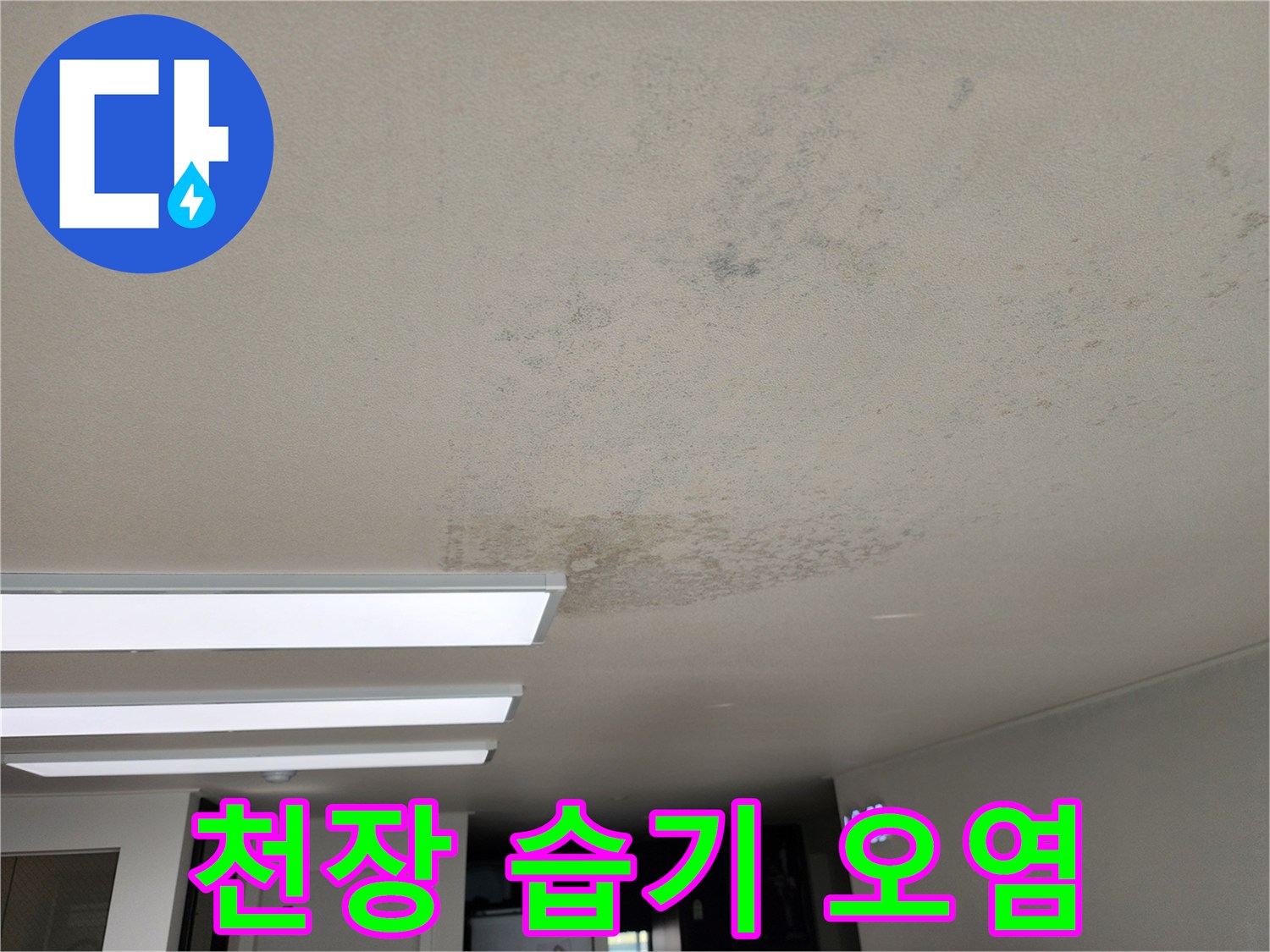 천장 표면에 나타난 물 흐른 자국과 변색 부위