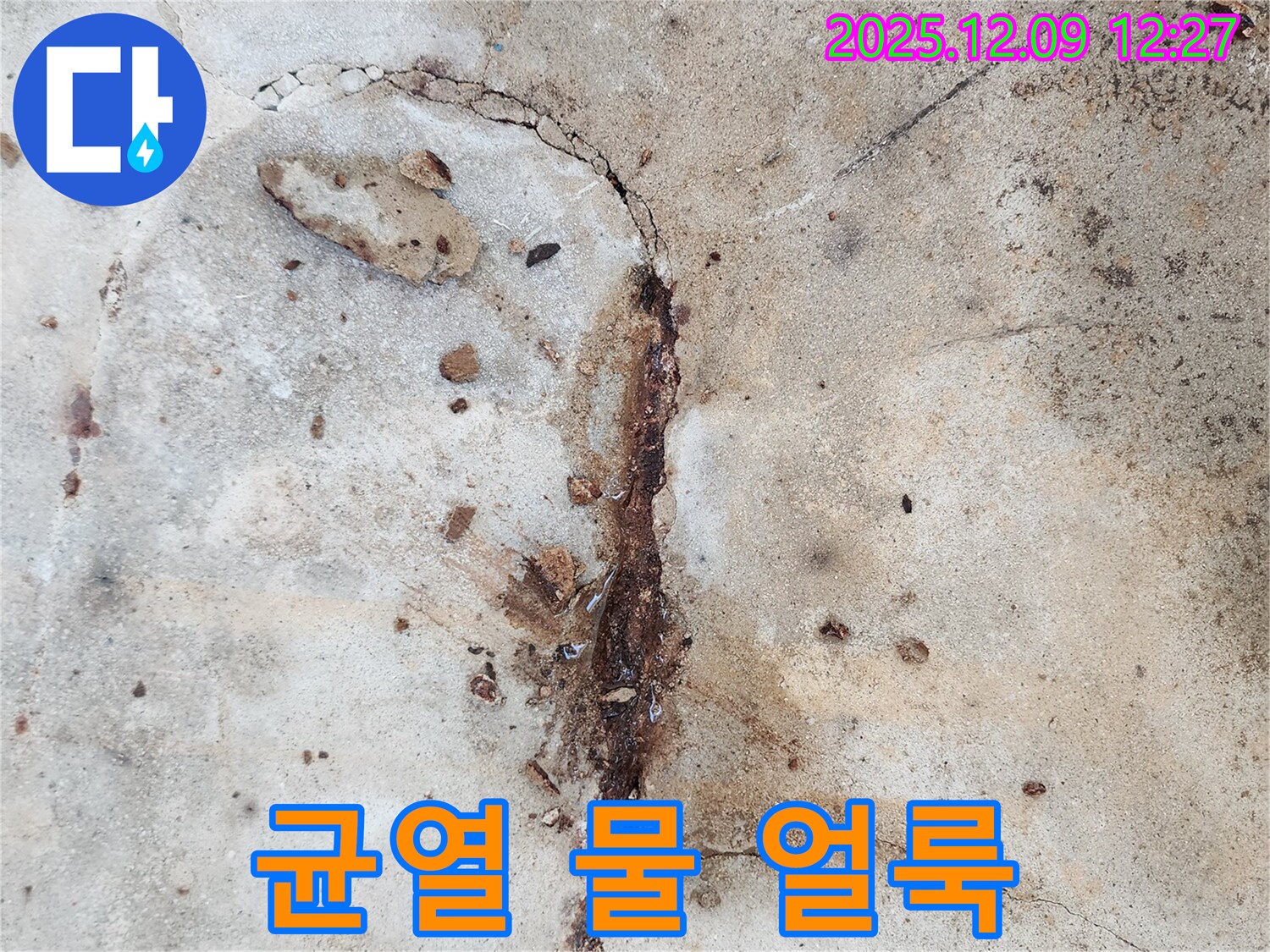 콘크리트 균열과 물 얼룩 - 누수가 진행 중임을 나타내는 명확한 증거입니다.