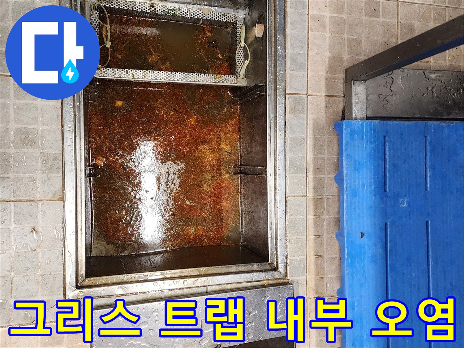 주방 배수용 그리스 트랩 내부에 쌓인 심각한 기름 찌꺼기