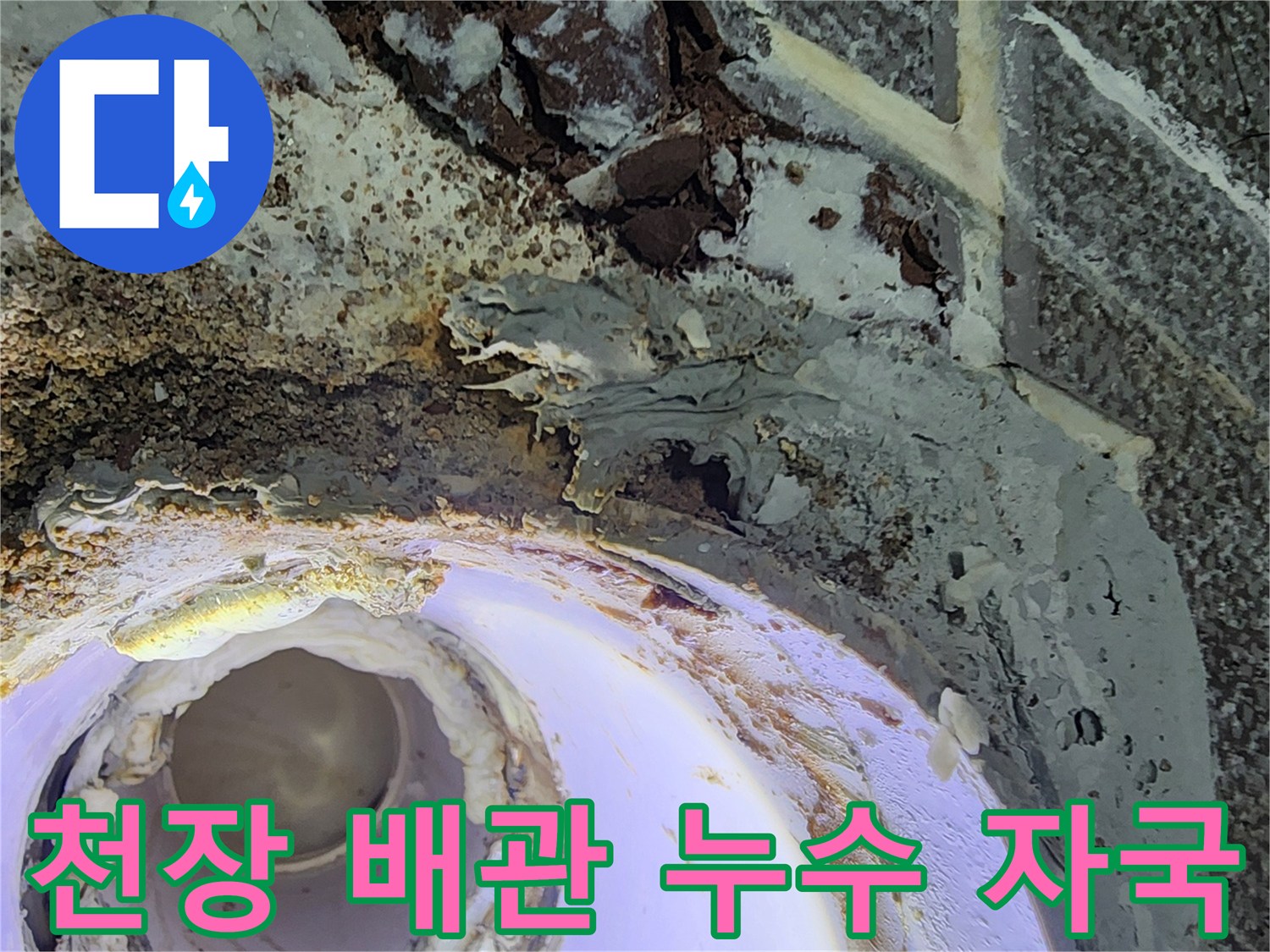 배관 주변의 젖은 벽면과 부식된 흔적을 근접 촬영한 사진입니다.