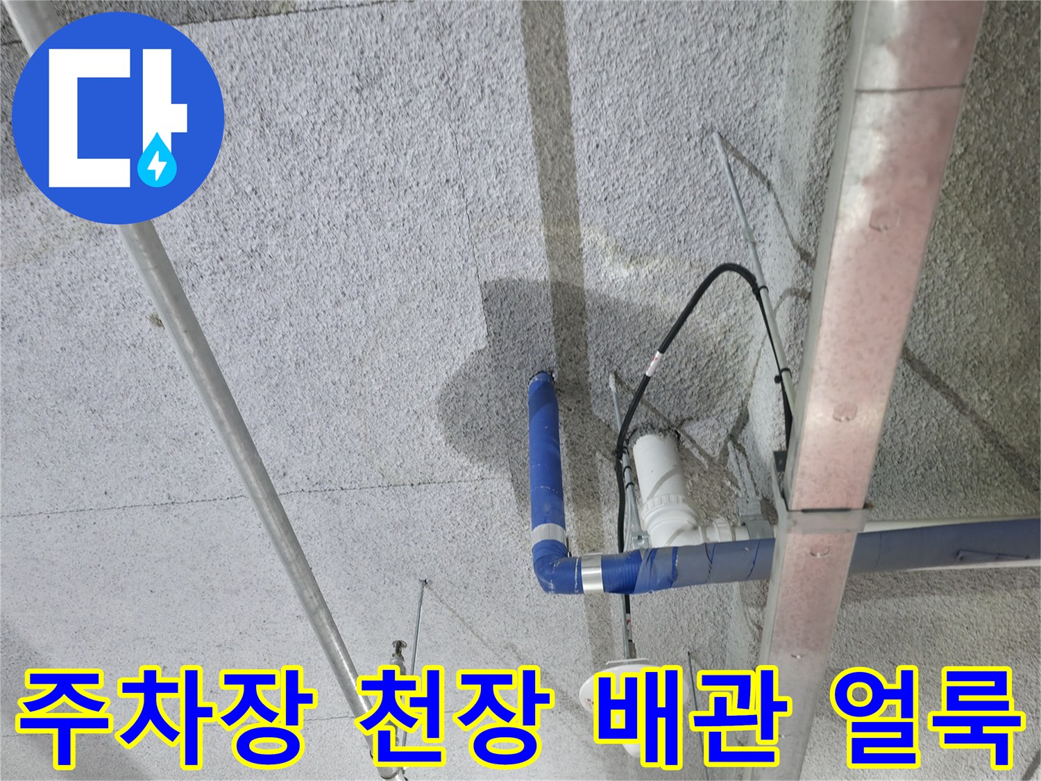 양주시 옥정동-주차장 천장 슬래브의 누수 흔적과 노출된 배관 상태