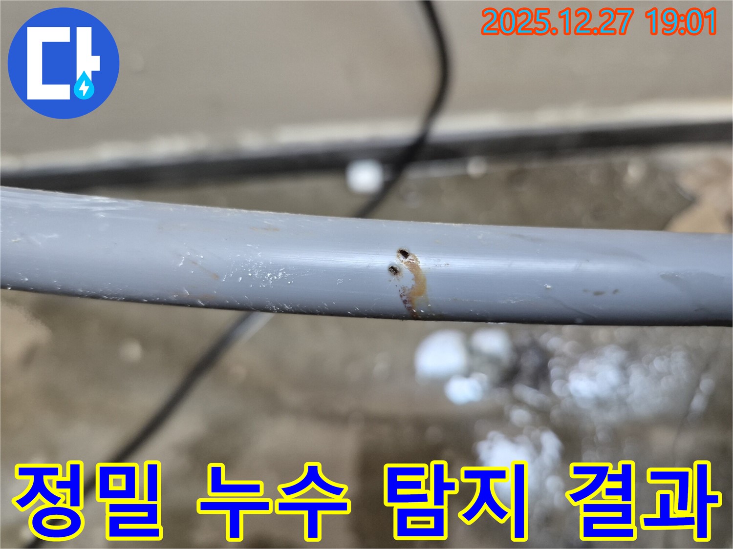 정밀 누수 탐지 결과 - 배관의 작은 구멍에서 누수가 발생하고 있습니다.