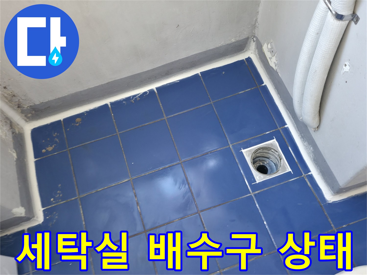 성동구 아파트 세탁실의 파란색 타일 바닥과 하수구 유가 근처 모습입니다.