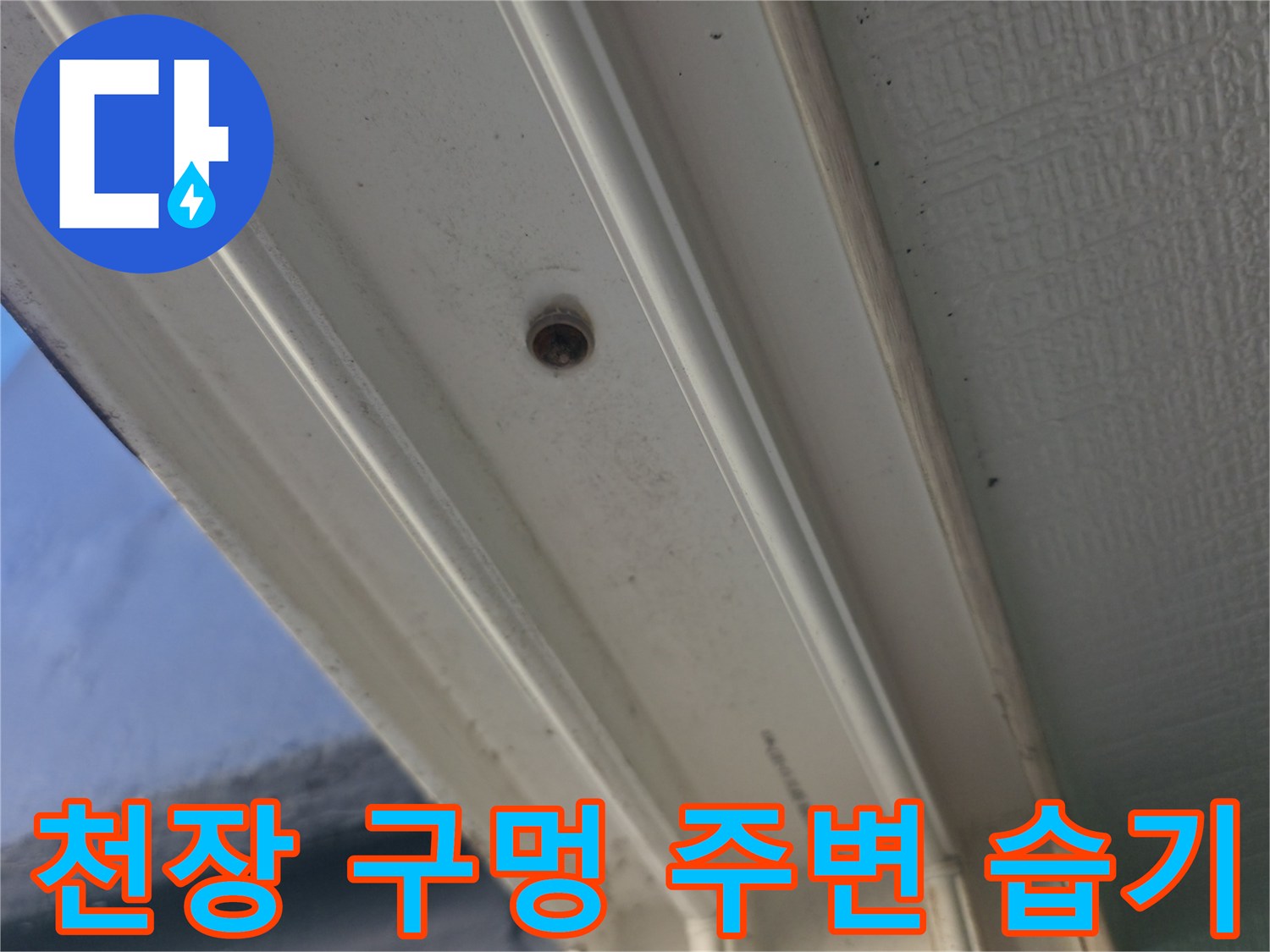 아파트 세탁실-배관 통로 주변의 작은 구멍과 젖은 흔적