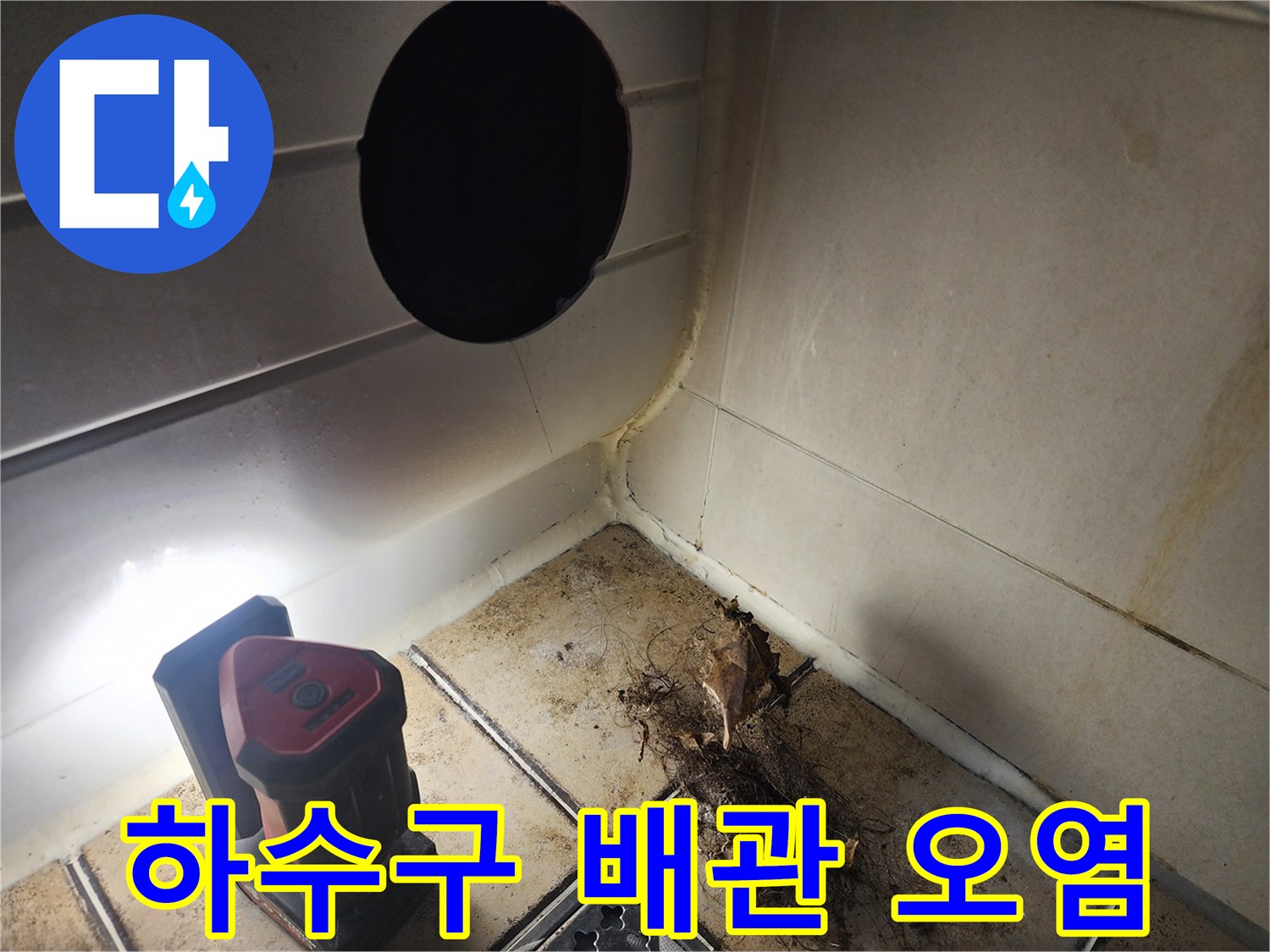 배수구 주변에 엉겨 붙은 머리카락과 오물 덩어리