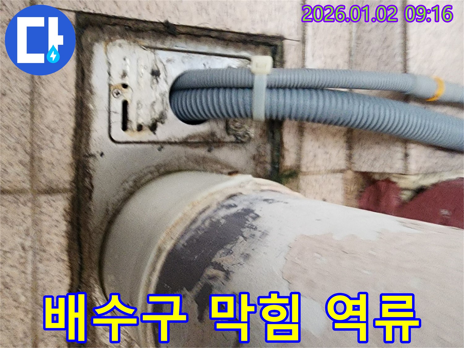 세탁기 배수구 막힘 - 배수구가 막혀 물이 역류하고 있습니다.