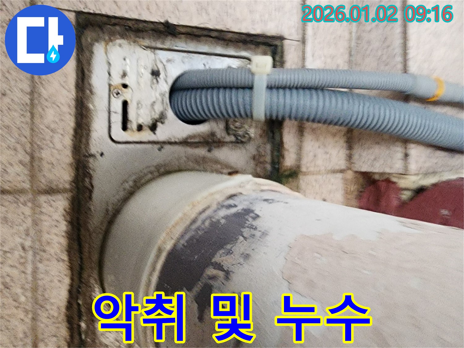 세탁기 하수구 주변 배수구 악취 - 배수구에서 악취가 나고 누수까지 발생하여 복합적인 문제 해결이 필요합니다.