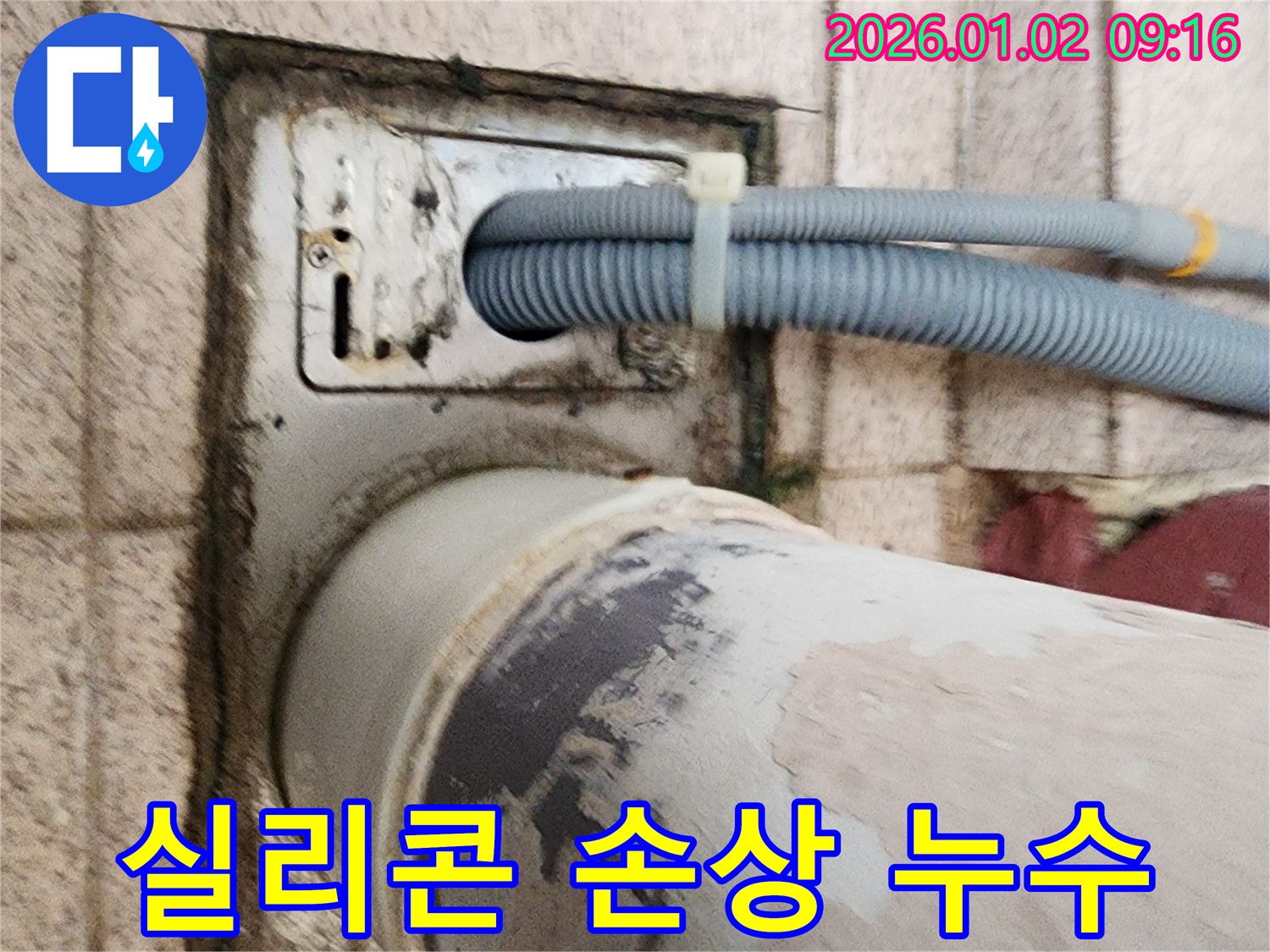 세탁기 하수구 주변 실리콘 손상 - 실리콘이 손상되어 틈새가 생기고 누수가 발생하고 있습니다.