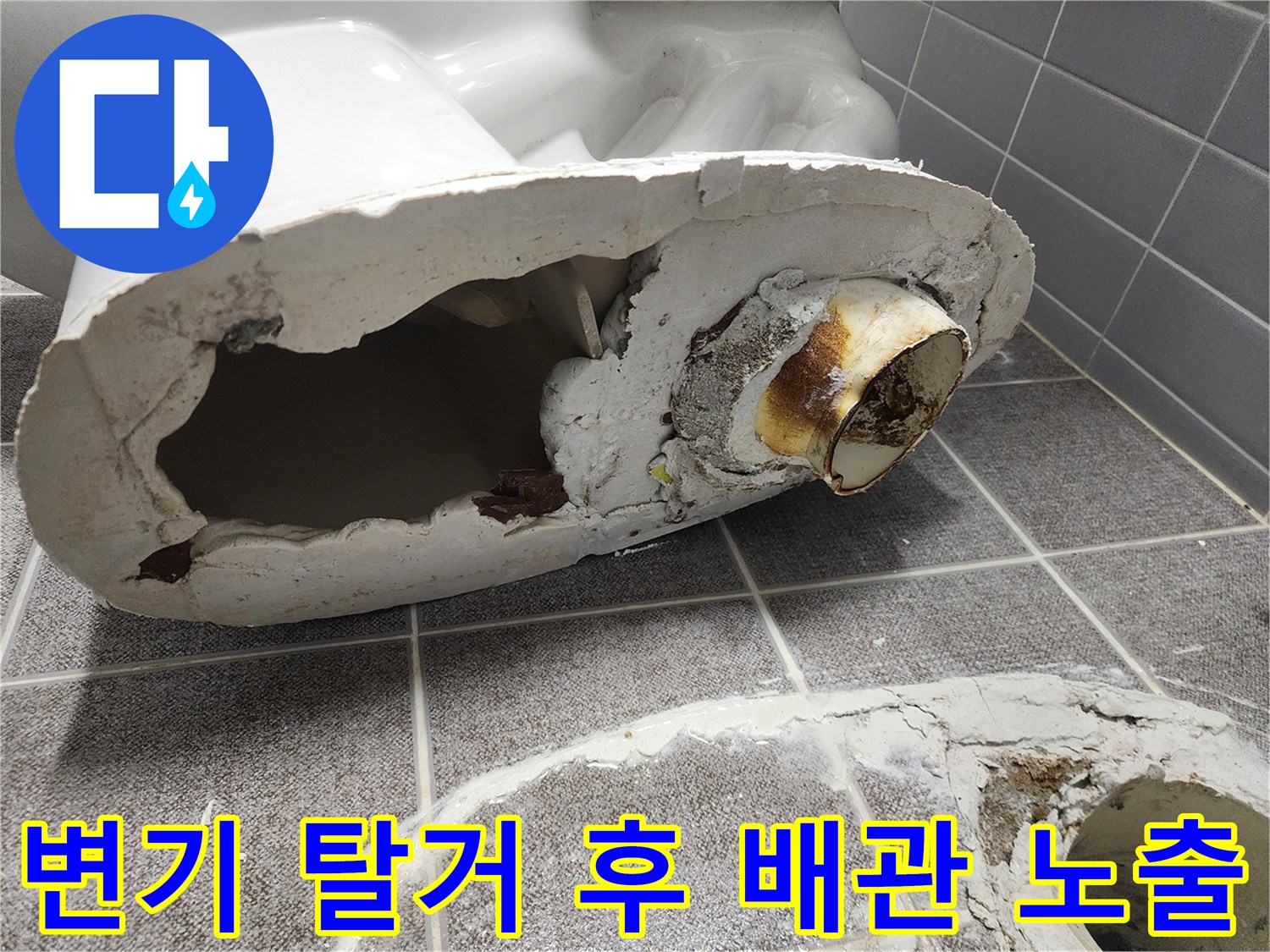 탈거된 변기 아래쪽의 오염된 배관 부위 상세 사진