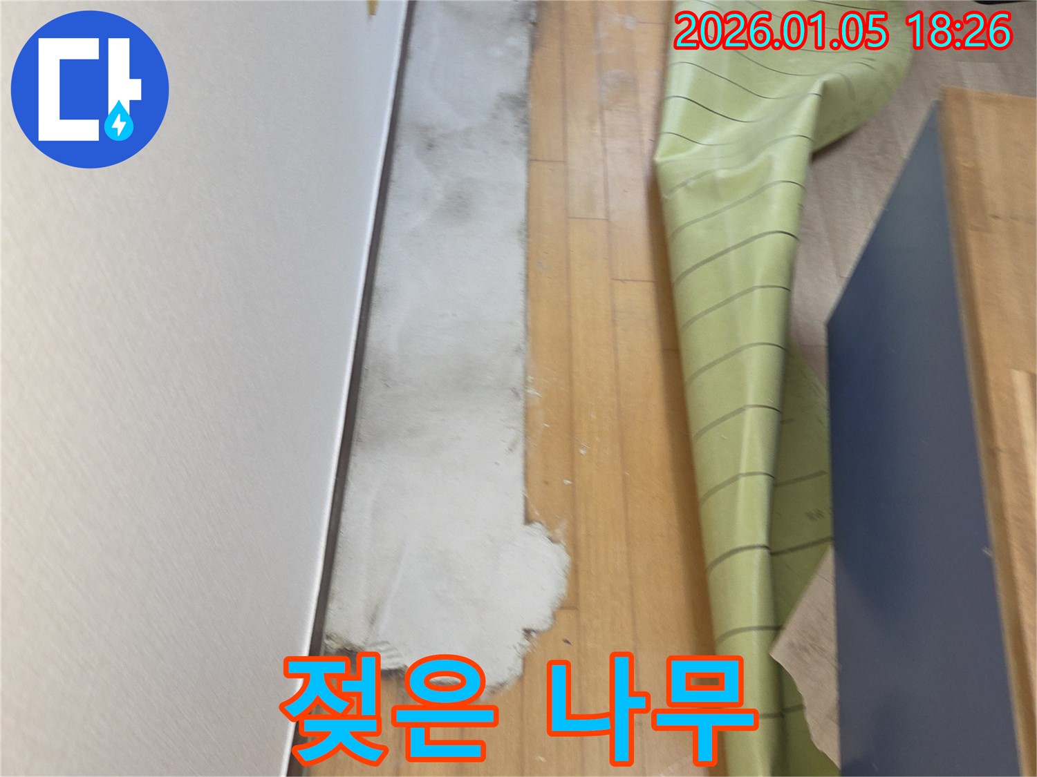 남양주 사릉로 누수 현장 - 바닥 나무가 젖어있는 모습입니다. 누수 지점을 찾고 있습니다.