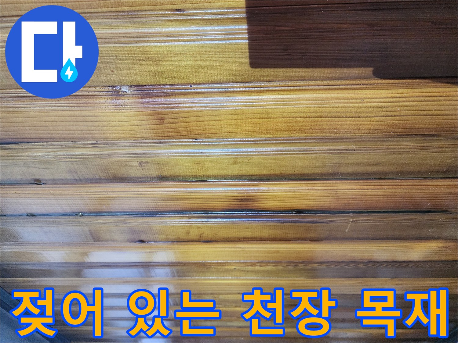 습기로 인해 어둡게 변한-복도 천장 나무 판재