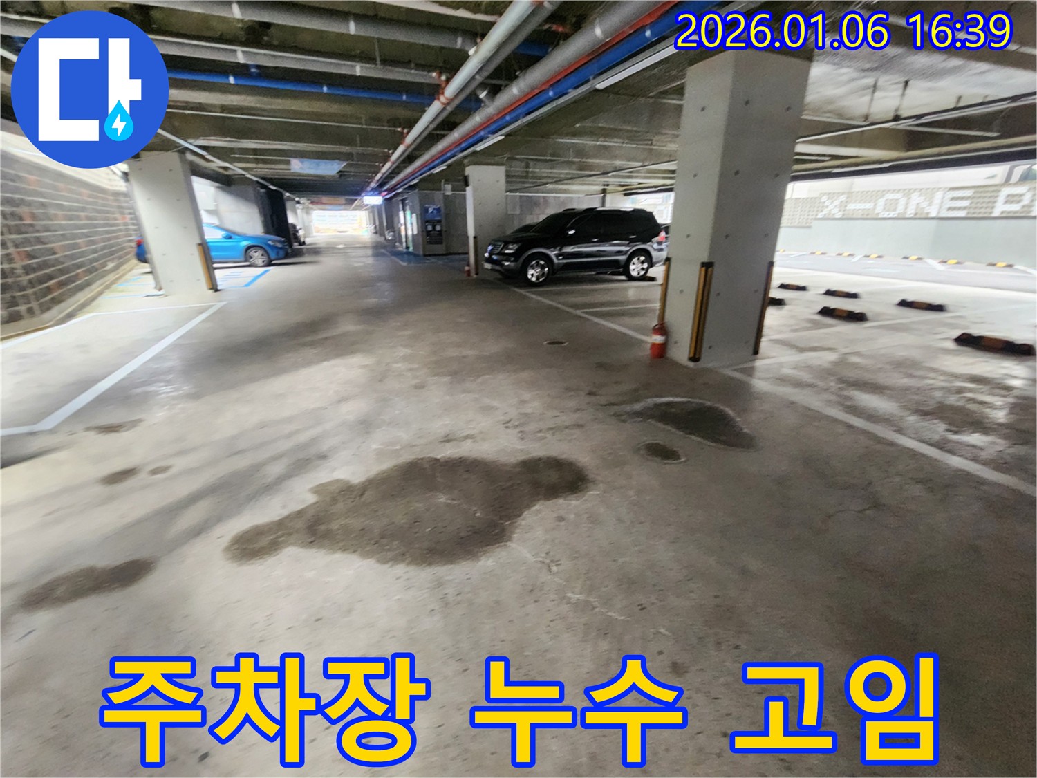 월계2동 주차장 누수 - 콘크리트 바닥에 물이 고여 있는 모습