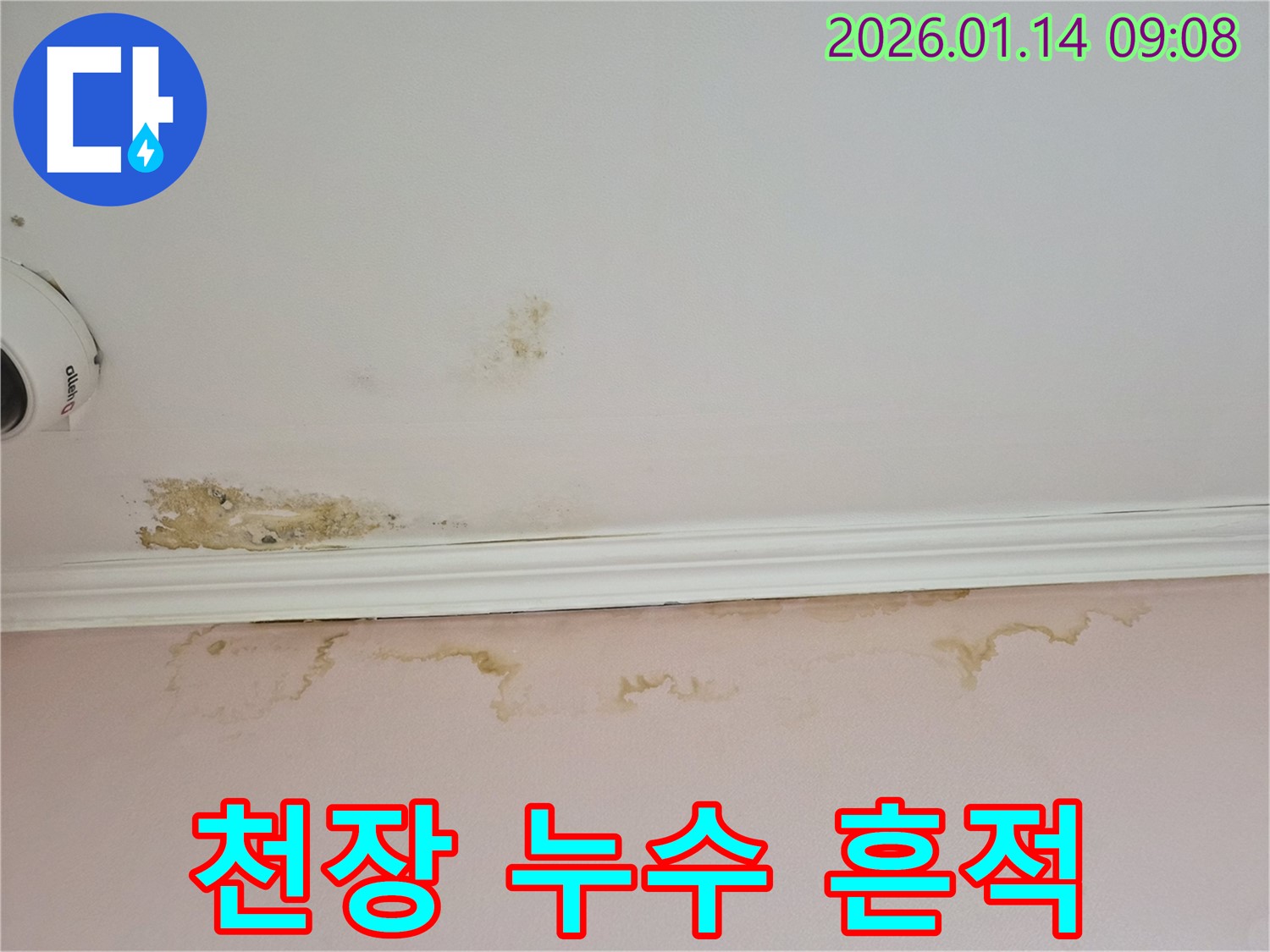 도곡동 누수 현장 - 천장에 생긴 누수 흔적을 보여주는 사진입니다. 누수 탐지 전문가의 도움이 필요합니다.