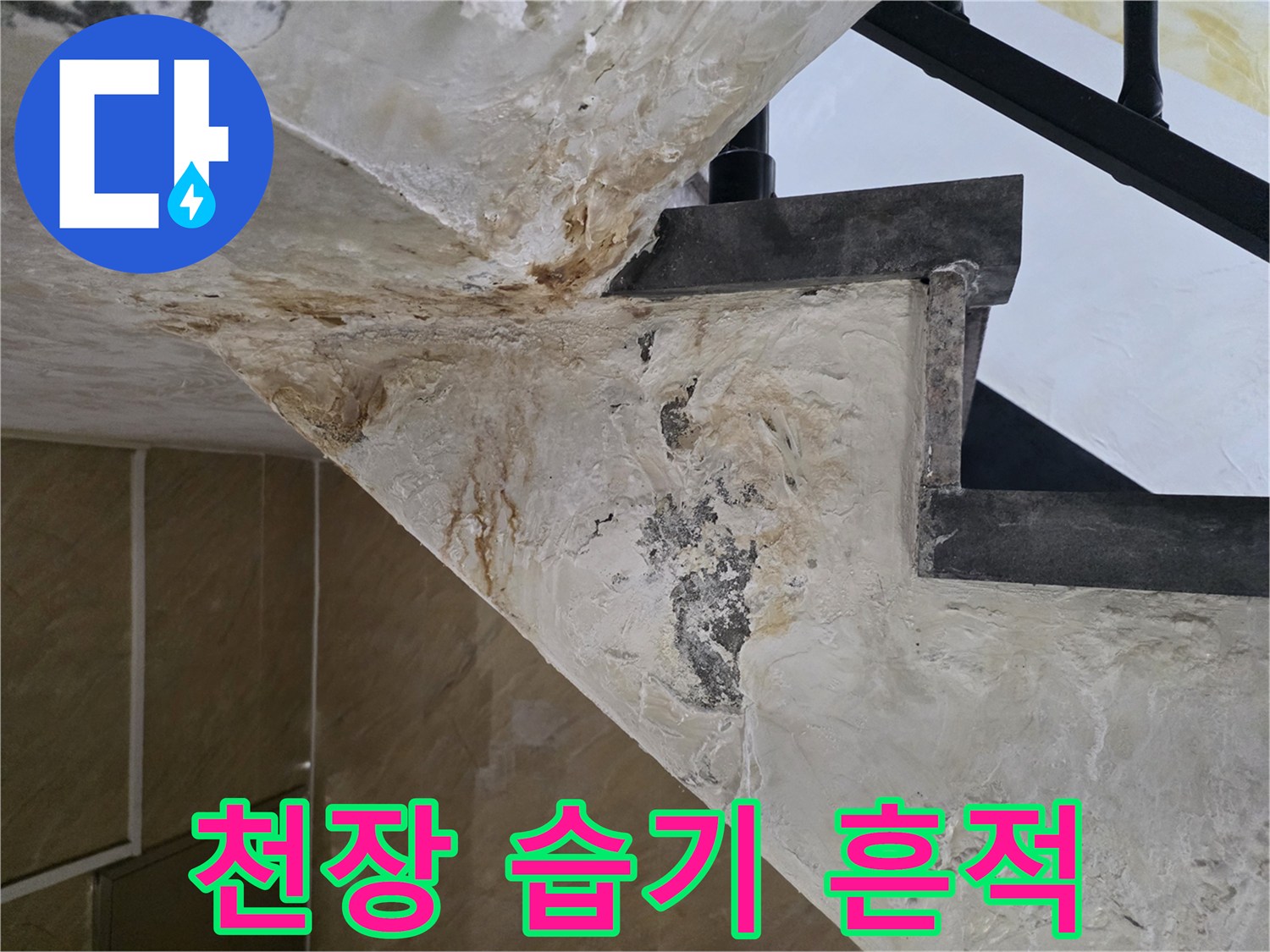 누수 지점 근처-콘크리트 표면의 젖은 흔적과 얼룩