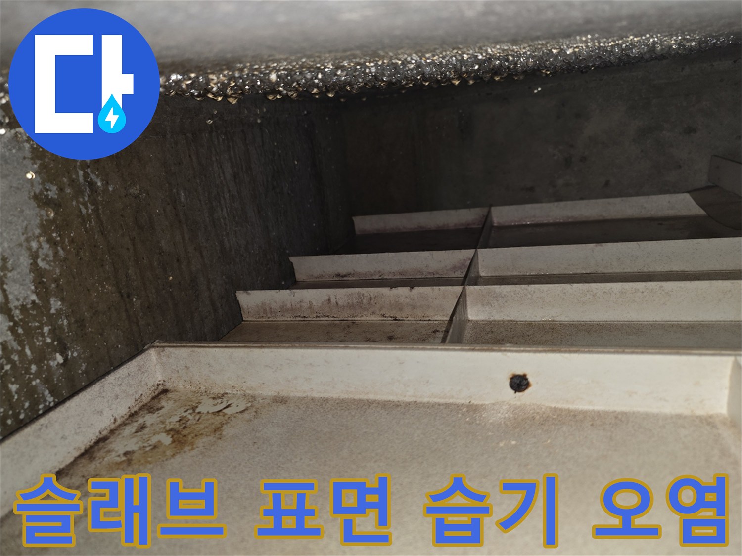 천장 내부 구조물-표면에 나타난 심한 누수 흔적과 습기