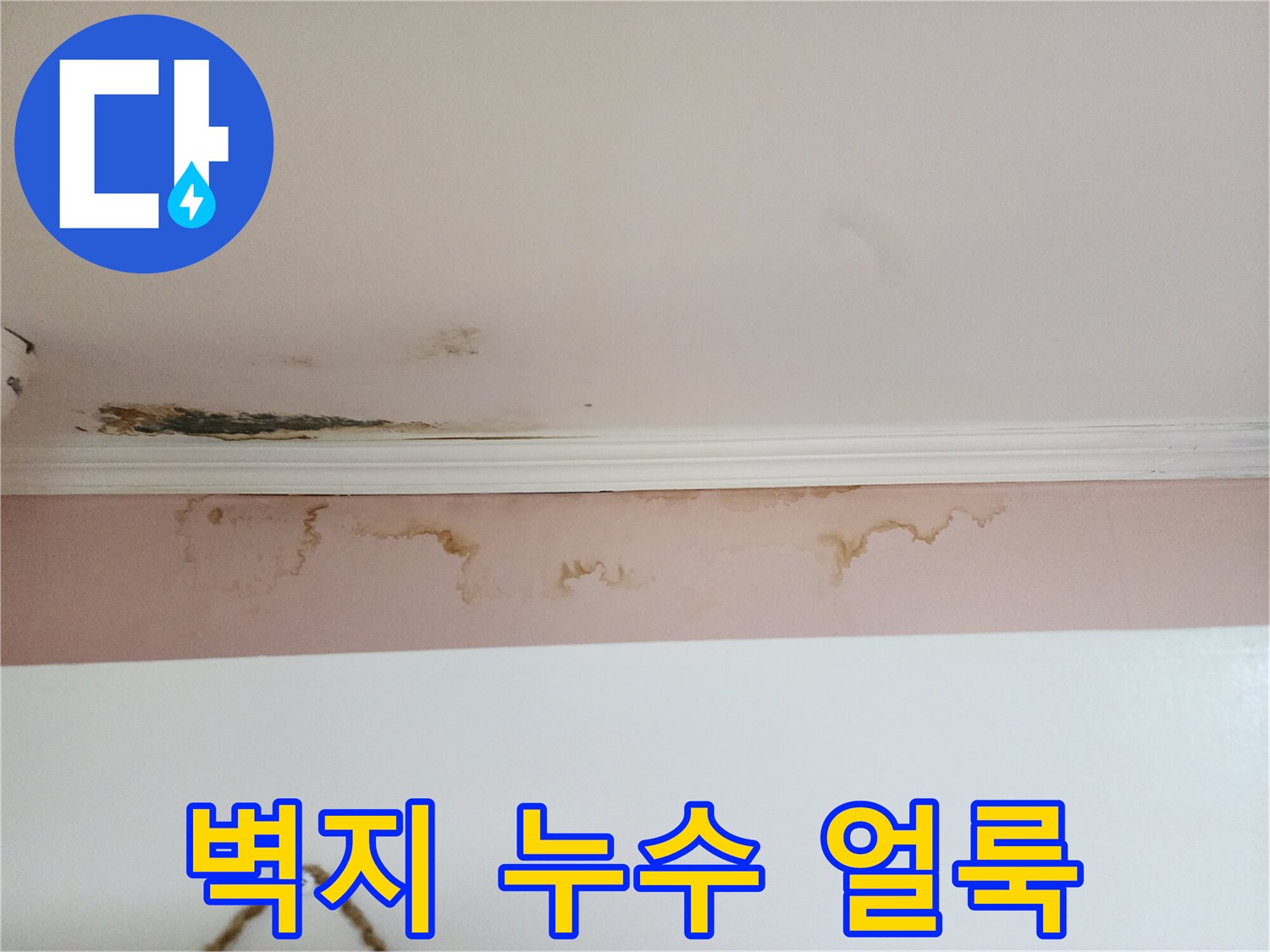 천장 부근-물샘으로 인한 벽지 오염 상태