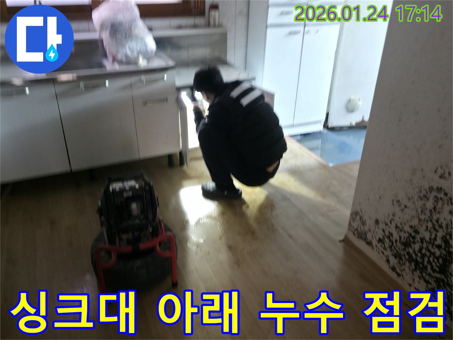 강북구 누수탐지 전문가가 싱크대 아래 누수를 꼼꼼하게 점검하고 있습니다 - 누수의 원인을 정확히 파악하여 해결합니다.