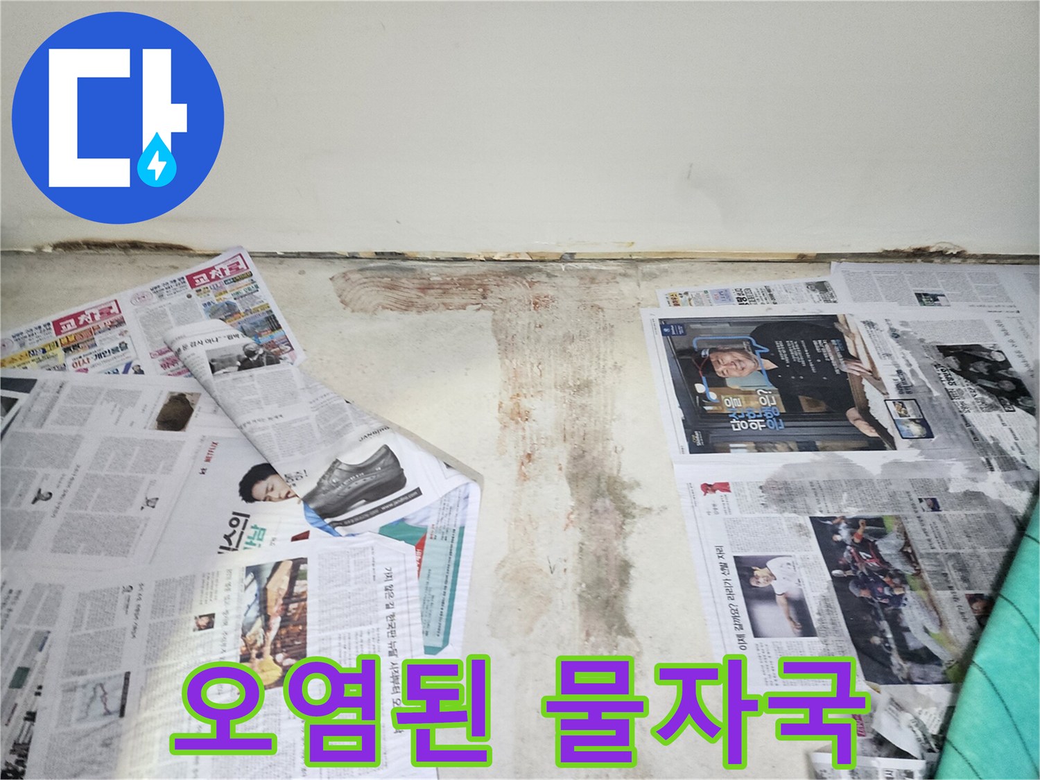 벽에 생긴 어둡고 오염된 물자국-위생 문제를 야기할 수 있습니다.