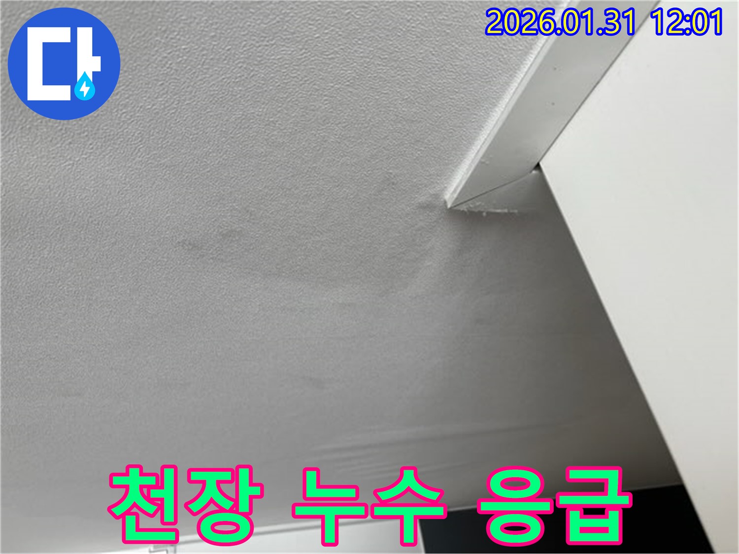 천장 누수 응급 - 천장 누수 발생 시 응급조치 모습입니다. 누수 피해를 최소화하기 위해 신속하게 대처합니다.