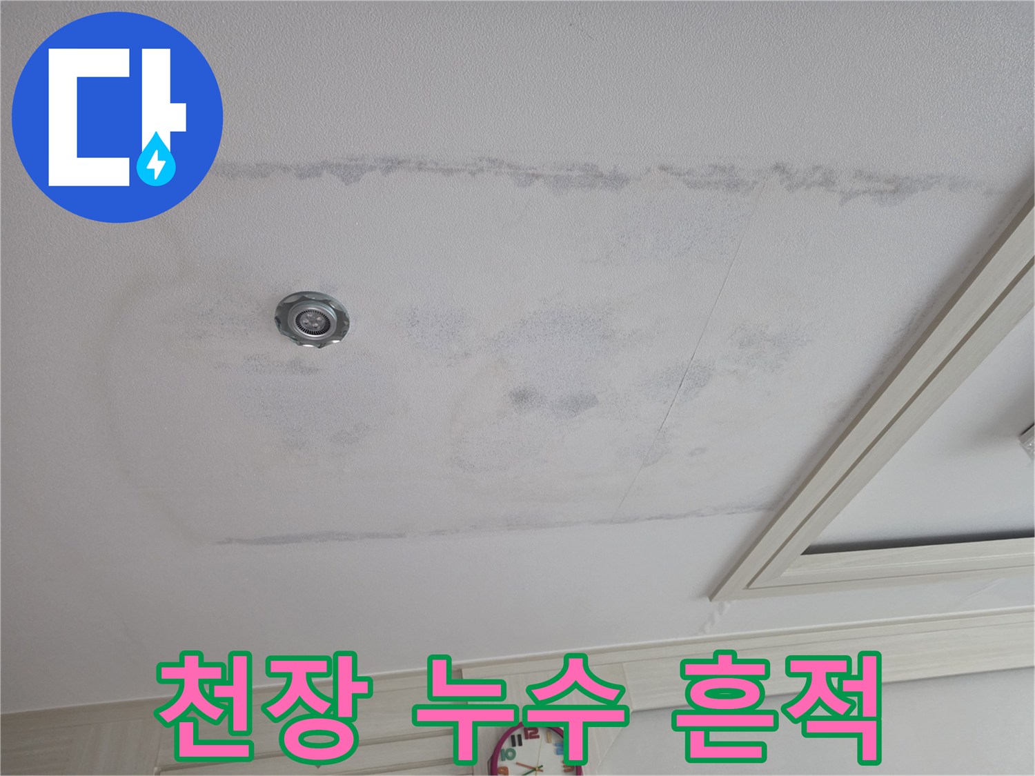 양천구 아랫층 천장에 발생한 넓은 물샘 얼룩과 젖은 자국