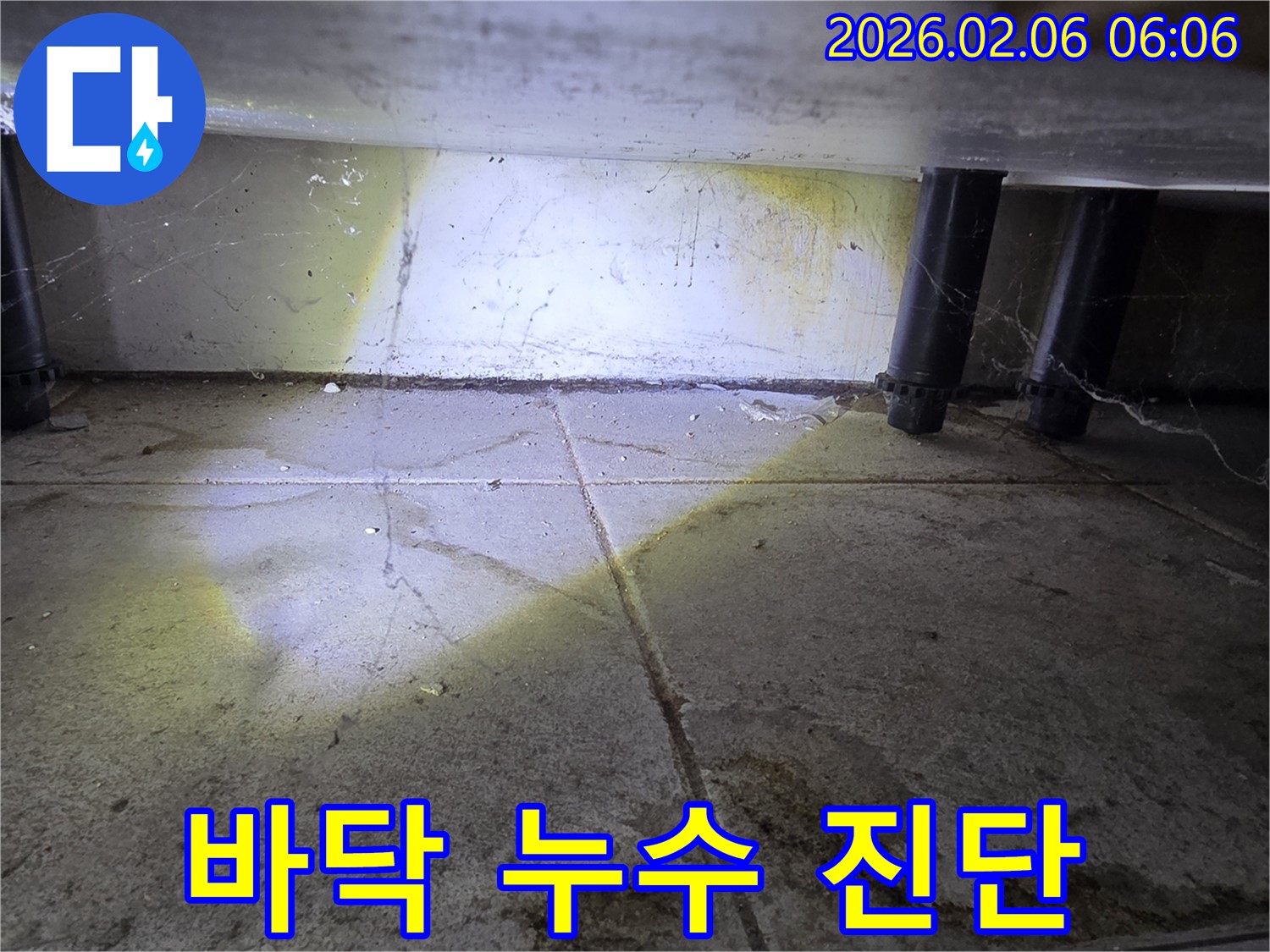 바닥 상태를 꼼꼼히 확인하는 누수 전문가 - 세심한 관찰이 누수 해결의 첫걸음