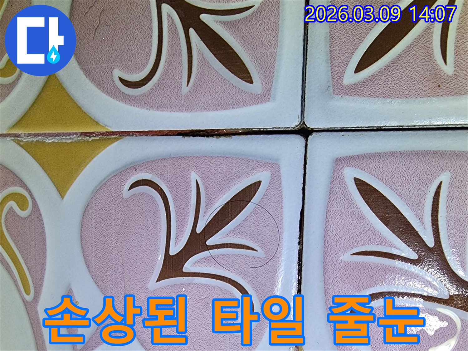 오래된 욕실 타일 줄눈의 손상-누수 발생 가능성을 보여주는 명확한 증거