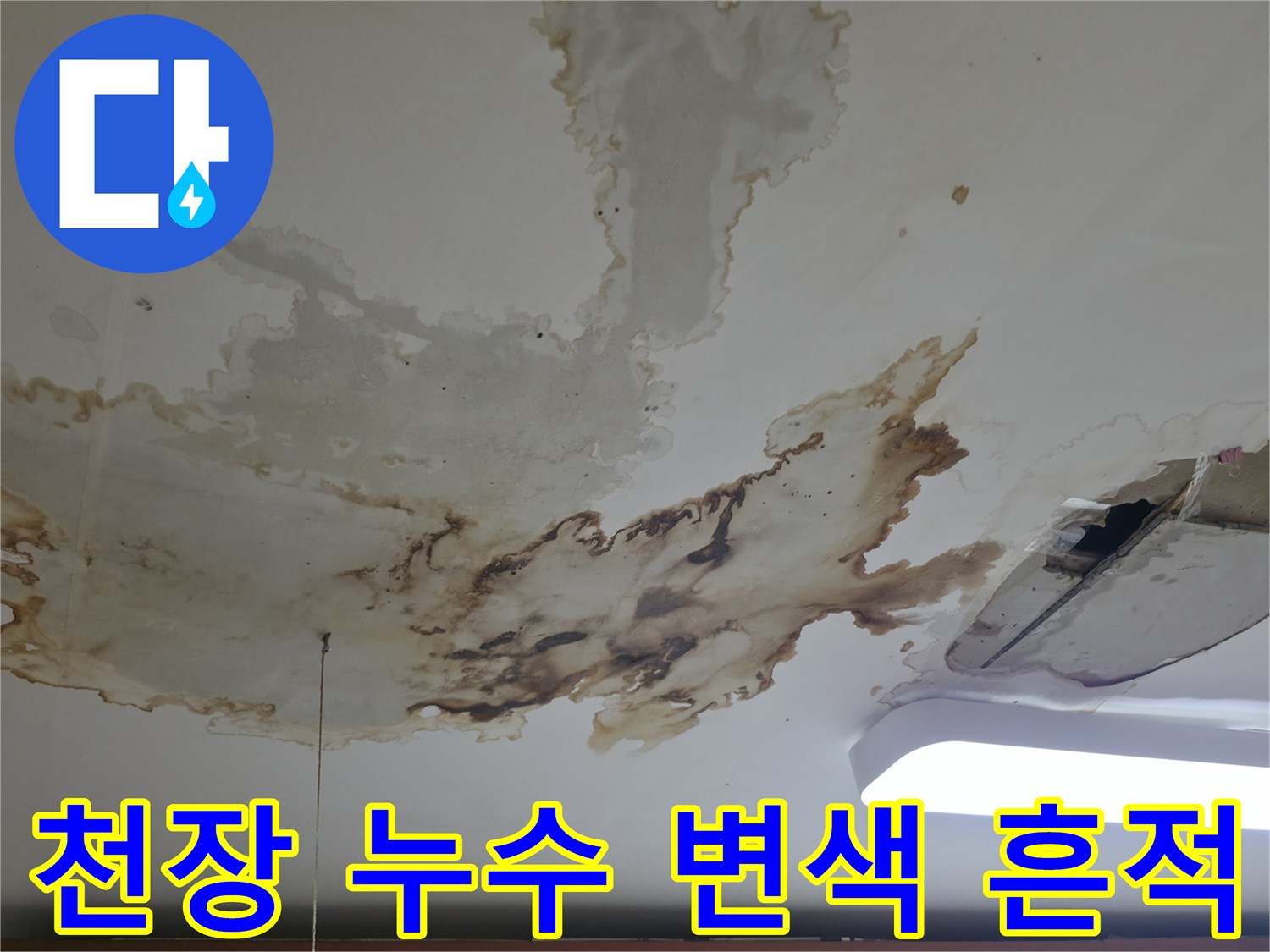 주방 천장에 발생한 갈색 물자국과 습기 침투 현상