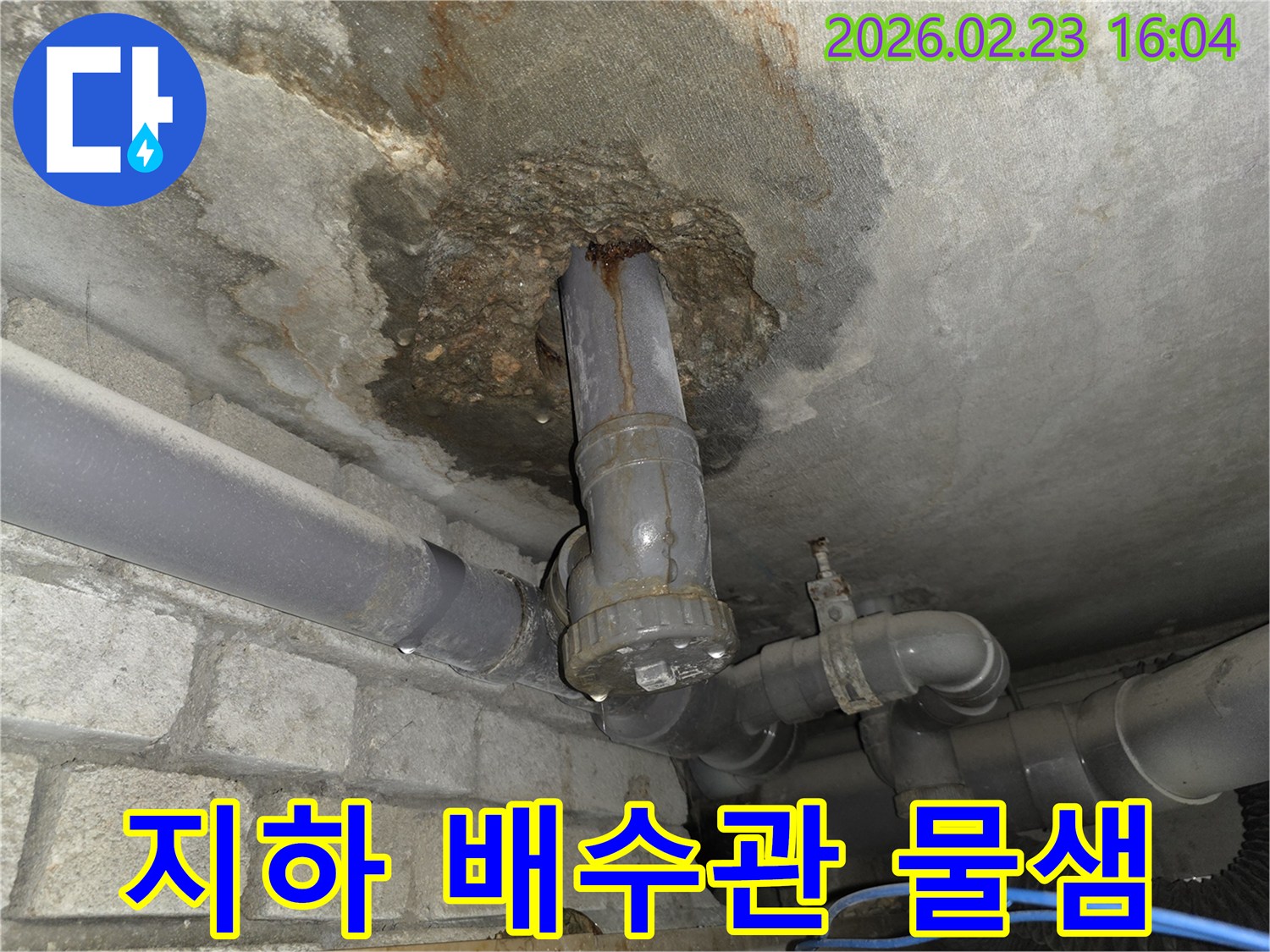 빌라 지하층에서 배수관의 문제로 인해 천장에서 물이 새는 현장을 상세히 보여주는 사진