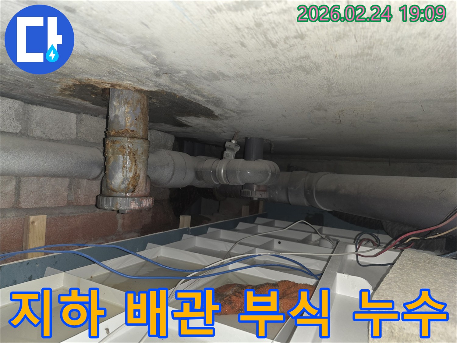 지하 공간의-오래된 배관에서-물이 새어 나와-임시 물받이에-고인 현장 사진