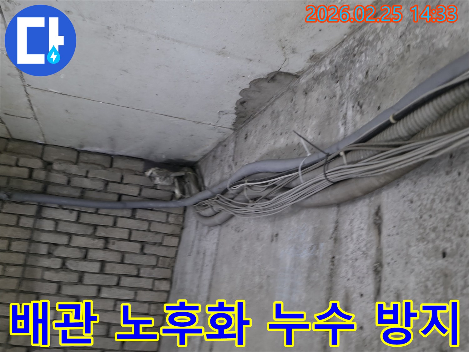 건물 지하의-콘크리트 벽과-벽돌 벽이 만나는-구석에서-발견된-오래된 물샘의-흔적과 주변 노후 배관