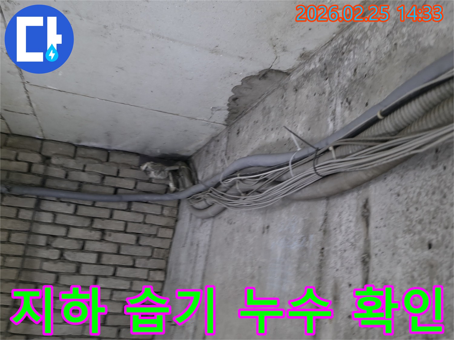 건물 지하의-콘크리트 벽과-벽돌 벽이 만나는-구석에서-발견된-오래된 물샘의-흔적과 주변 배관