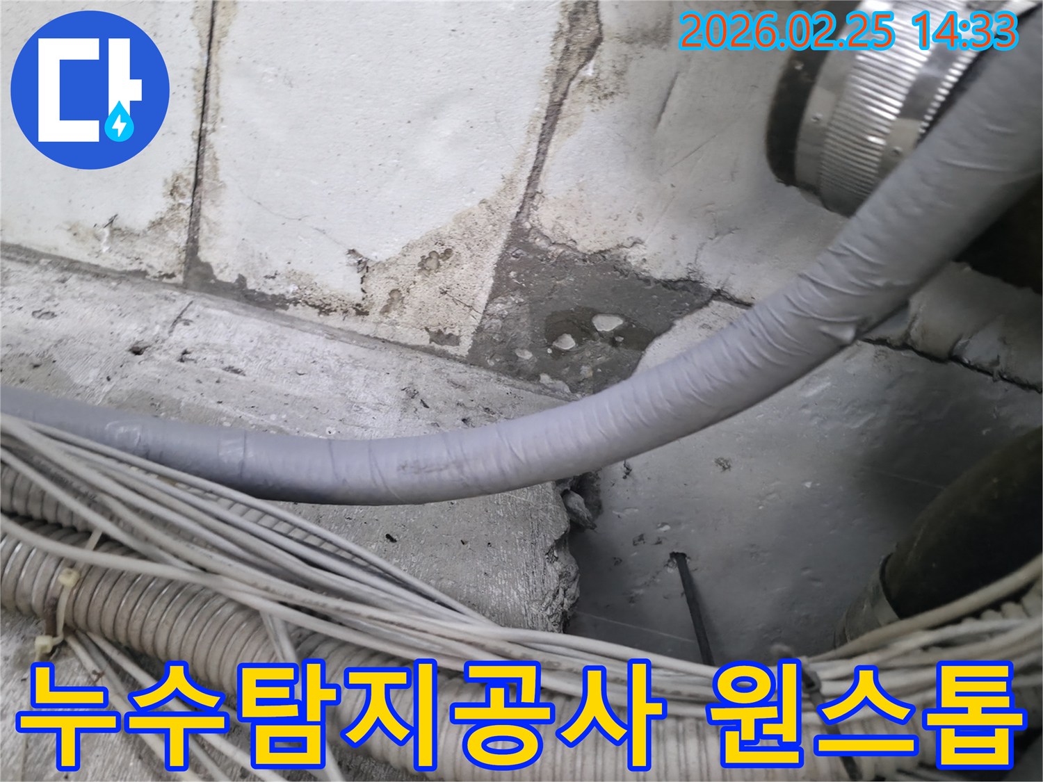 누수 엔지니어가-배관 주변의-습기 흔적과-콘크리트 손상을-확인하며-누수탐지부터 공사까지-원스톱 서비스를 제공하는 모습