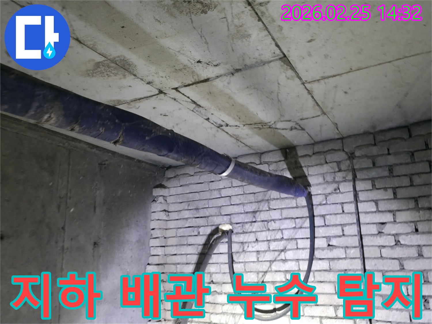 지하 공간의-천장과 벽면에서-발견된 누수 흔적을-전문가가 면밀히 조사하는 과정