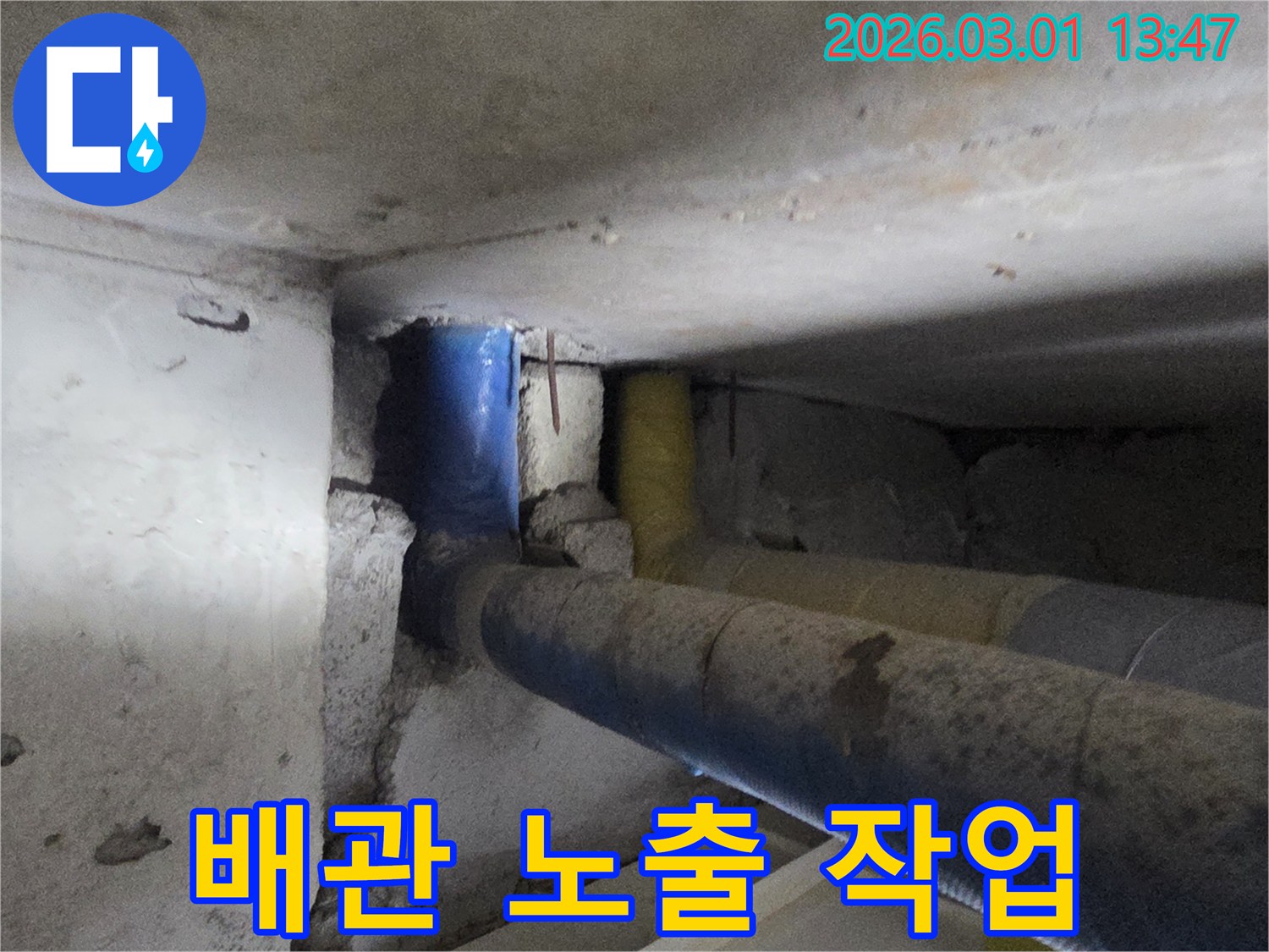 누수 원인을 정확히 찾기 위해-콘크리트 벽면을 조심스럽게 파쇄하여-배관을 노출시키는-작업 현장입니다.