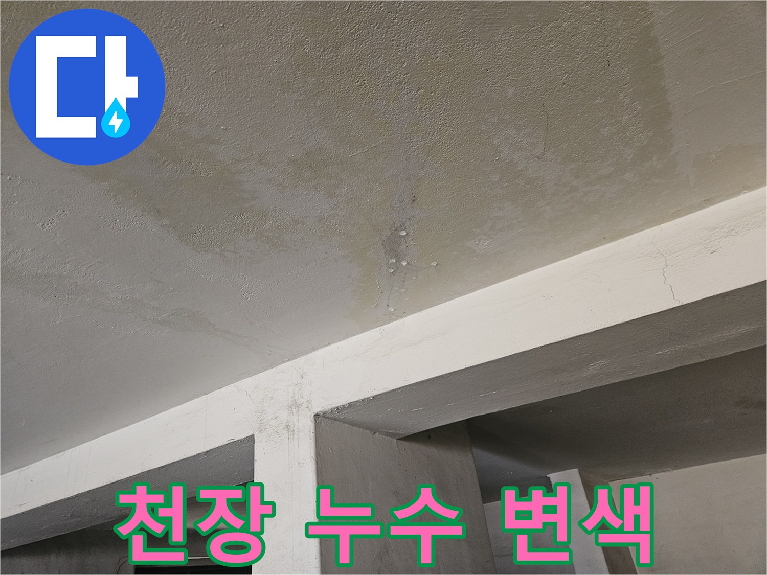 주차장 천장 부근에 발생한 누수 흔적과 습기 얼룩