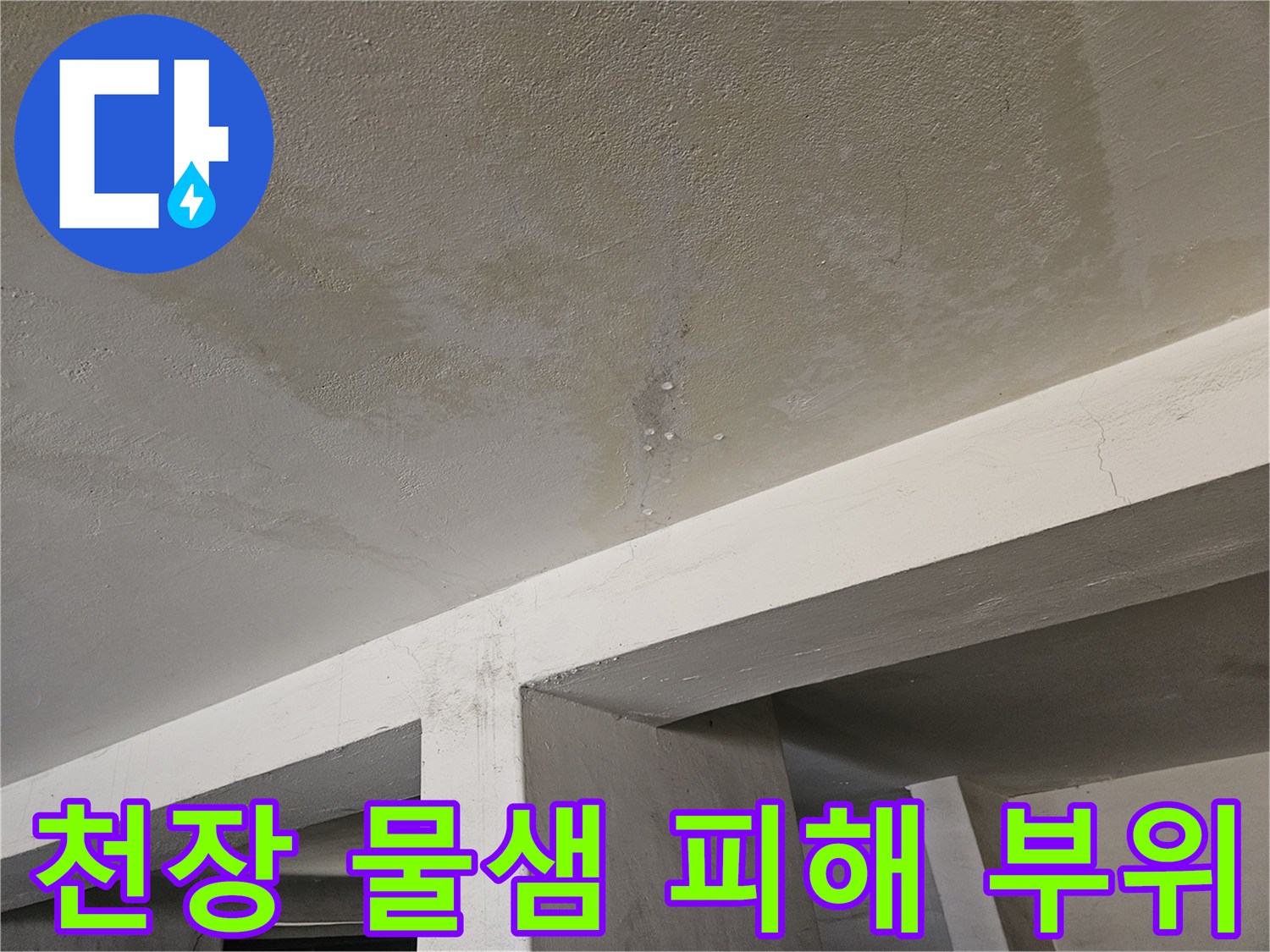 주차장 천장 슬래브-누수로 인해 젖어 있는 콘크리트 표면